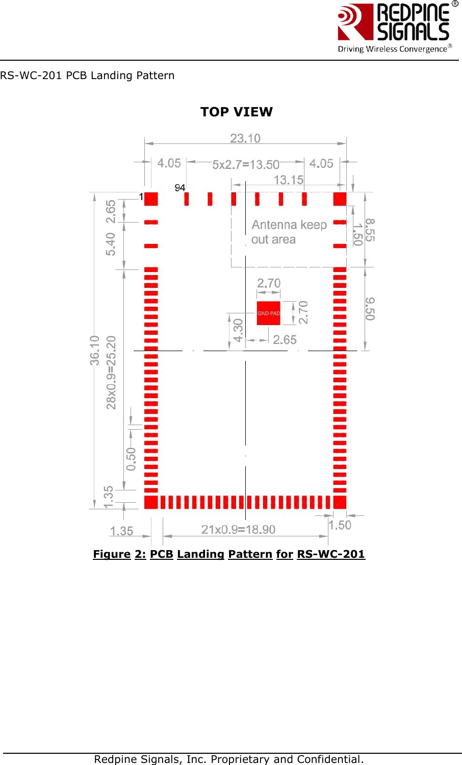   Redpine Signals, Inc. Proprietary and Confidential.  RS-WC-201 PCB Landing Pattern               TOP VIEW  Figure 2: PCB Landing Pattern for RS-WC-201 