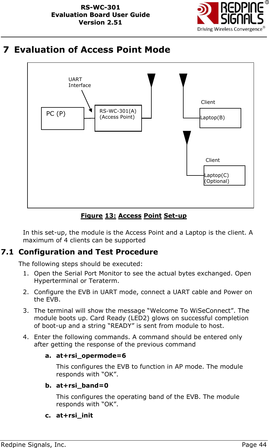     Redpine Signals, Inc.     Page 44 RRSS--WWCC--330011    EEvvaalluuaattiioonn  BBooaarrdd  UUsseerr  GGuuiiddee  VVeerrssiioonn  22..5511    7 Evaluation of Access Point Mode  Figure 13: Access Point Set-up  In this set-up, the module is the Access Point and a Laptop is the client. A maximum of 4 clients can be supported 7.1 Configuration and Test Procedure  The following steps should be executed: 1. Open the Serial Port Monitor to see the actual bytes exchanged. Open Hyperterminal or Teraterm.  2. Configure the EVB in UART mode, connect a UART cable and Power on the EVB. 3. The terminal will show the message “Welcome To WiSeConnect”. The module boots up. Card Ready (LED2) glows on successful completion of boot-up and a string “READY” is sent from module to host.  4. Enter the following commands. A command should be entered only after getting the response of the previous command a. at+rsi_opermode=6 This configures the EVB to function in AP mode. The module responds with “OK”. b. at+rsi_band=0 This configures the operating band of the EVB. The module responds with “OK”. c. at+rsi_init PC (P) RS-WC-301(A) (Access Point)  Laptop(B) UART Interface Client  Laptop(C) (Optional)  Client 
