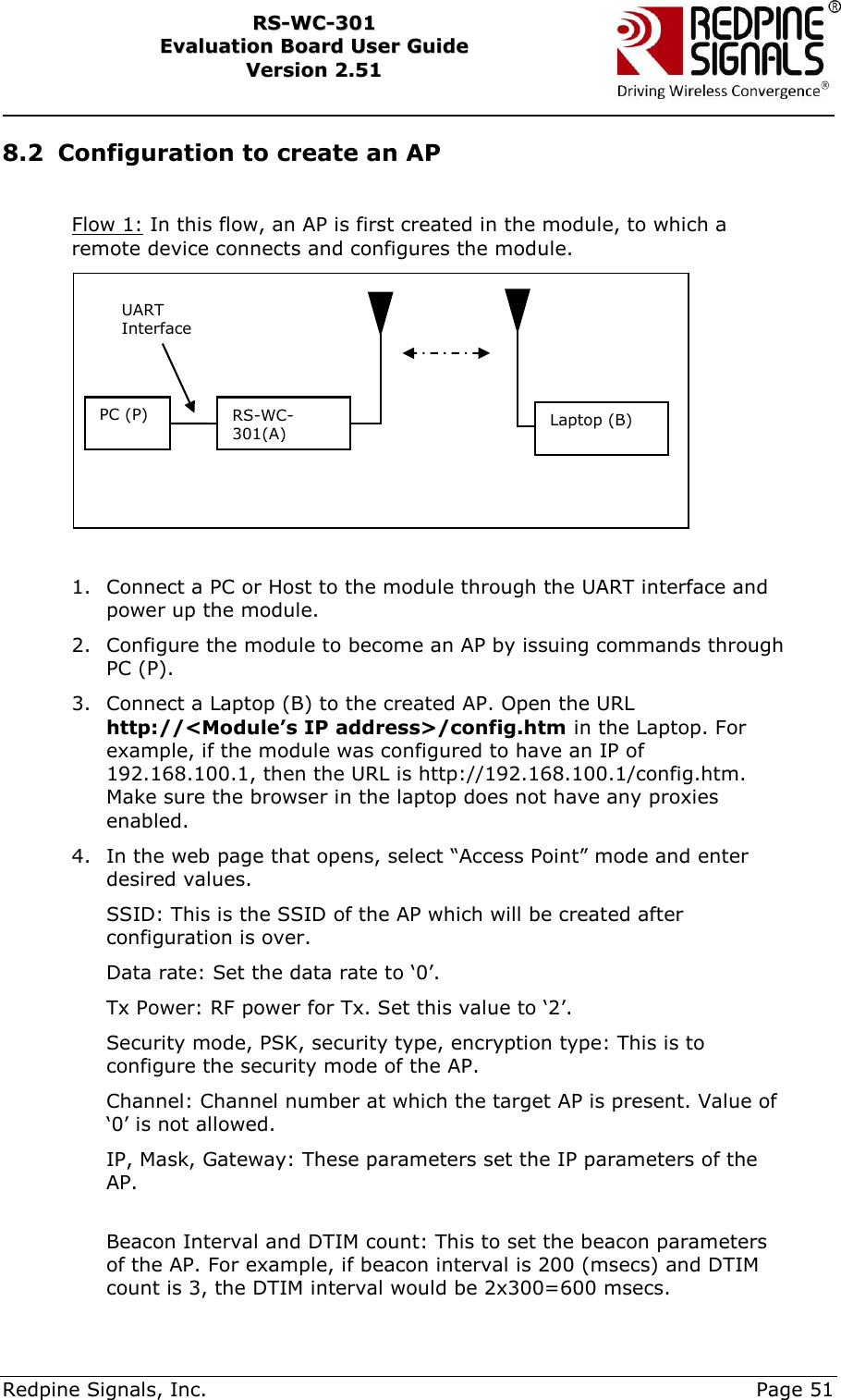     Redpine Signals, Inc.     Page 51 RRSS--WWCC--330011    EEvvaalluuaattiioonn  BBooaarrdd  UUsseerr  GGuuiiddee  VVeerrssiioonn  22..5511    8.2 Configuration to create an AP  Flow 1: In this flow, an AP is first created in the module, to which a remote device connects and configures the module.   1. Connect a PC or Host to the module through the UART interface and power up the module. 2. Configure the module to become an AP by issuing commands through PC (P).  3. Connect a Laptop (B) to the created AP. Open the URL http://&lt;Module’s IP address&gt;/config.htm in the Laptop. For example, if the module was configured to have an IP of 192.168.100.1, then the URL is http://192.168.100.1/config.htm. Make sure the browser in the laptop does not have any proxies enabled. 4. In the web page that opens, select “Access Point” mode and enter desired values.  SSID: This is the SSID of the AP which will be created after configuration is over. Data rate: Set the data rate to „0‟. Tx Power: RF power for Tx. Set this value to „2‟. Security mode, PSK, security type, encryption type: This is to configure the security mode of the AP. Channel: Channel number at which the target AP is present. Value of „0‟ is not allowed. IP, Mask, Gateway: These parameters set the IP parameters of the AP.  Beacon Interval and DTIM count: This to set the beacon parameters of the AP. For example, if beacon interval is 200 (msecs) and DTIM count is 3, the DTIM interval would be 2x300=600 msecs. PC (P) RS-WC-301(A) UART Interface Laptop (B) 