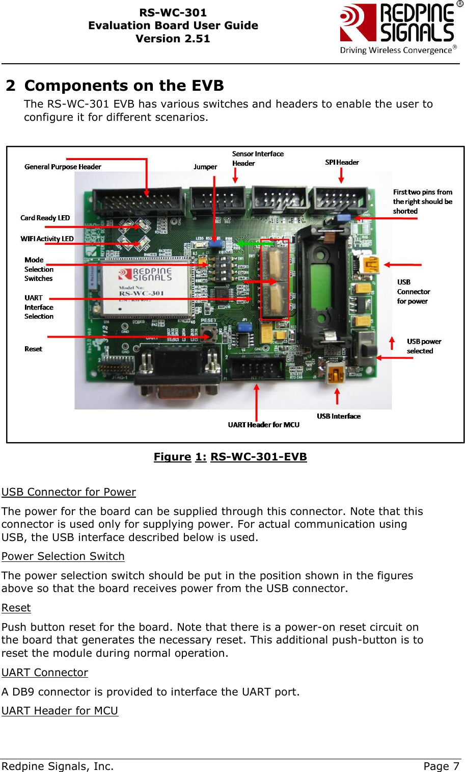     Redpine Signals, Inc.     Page 7 RRSS--WWCC--330011    EEvvaalluuaattiioonn  BBooaarrdd  UUsseerr  GGuuiiddee  VVeerrssiioonn  22..5511    2 Components on the EVB The RS-WC-301 EVB has various switches and headers to enable the user to configure it for different scenarios.    Figure 1: RS-WC-301-EVB   USB Connector for Power The power for the board can be supplied through this connector. Note that this connector is used only for supplying power. For actual communication using USB, the USB interface described below is used.  Power Selection Switch The power selection switch should be put in the position shown in the figures above so that the board receives power from the USB connector. Reset Push button reset for the board. Note that there is a power-on reset circuit on the board that generates the necessary reset. This additional push-button is to reset the module during normal operation. UART Connector A DB9 connector is provided to interface the UART port. UART Header for MCU 