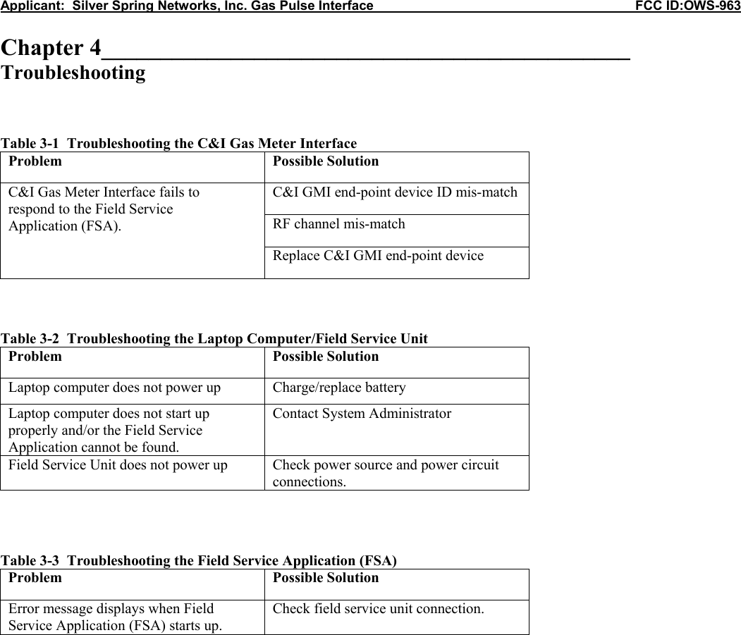 Applicant:  Silver Spring Networks, Inc. Gas Pulse Interface                                                            FCC ID:OWS-963  Chapter 4_____________________________________________ Troubleshooting    Table 3-1  Troubleshooting the C&amp;I Gas Meter Interface Problem Possible Solution C&amp;I GMI end-point device ID mis-match RF channel mis-match C&amp;I Gas Meter Interface fails to respond to the Field Service Application (FSA).   Replace C&amp;I GMI end-point device    Table 3-2  Troubleshooting the Laptop Computer/Field Service Unit Problem Possible Solution Laptop computer does not power up Charge/replace battery Laptop computer does not start up properly and/or the Field Service Application cannot be found. Contact System Administrator Field Service Unit does not power up  Check power source and power circuit connections.    Table 3-3  Troubleshooting the Field Service Application (FSA) Problem Possible Solution Error message displays when Field Service Application (FSA) starts up. Check field service unit connection.  