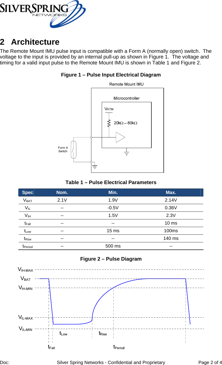 Doc: Silver Spring Networks - Confidential and Proprietary Page 2 of 4 2 Architecture The Remote Mount IMU pulse input is compatible with a Form A (normally open) switch. The voltage to the input is provided by an internal pull-up as shown in Figure 1. The voltage and timing for a valid input pulse to the Remote Mount IMU is shown in Table 1 and Figure 2. Figure 1 – Pulse Input Electrical Diagram Table 1 – Pulse Electrical Parameters Spec Nom. Min. Max. VBAT 2.1V 1.9V 2.14V VIL -- -0.5V 0.36V VIH -- 1.5V 2.3V tFall -- -- 10 ms tLow -- 15 ms 100ms tRise -- -- 140 ms tPeriod -- 500 ms -- Figure 2 – Pulse Diagram