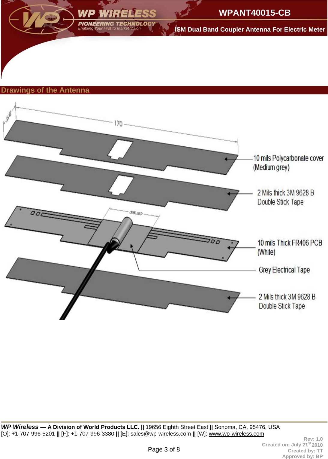  WP Wireless — A Division of World Products LLC. || 19656 Eighth Street East || Sonoma, CA, 95476, USA [O]: +1-707-996-5201 || [F]: +1-707-996-3380 || [E]: sales@wp-wireless.com || [W]: www.wp-wireless.com Page 3 of 8                     WPANT40015-CB Rev: 1.0 Created on: July 21st 2010 Created by: TT Approved by: BP  ISM Dual Band Coupler Antenna For Electric Meter  Drawings of the Antenna     