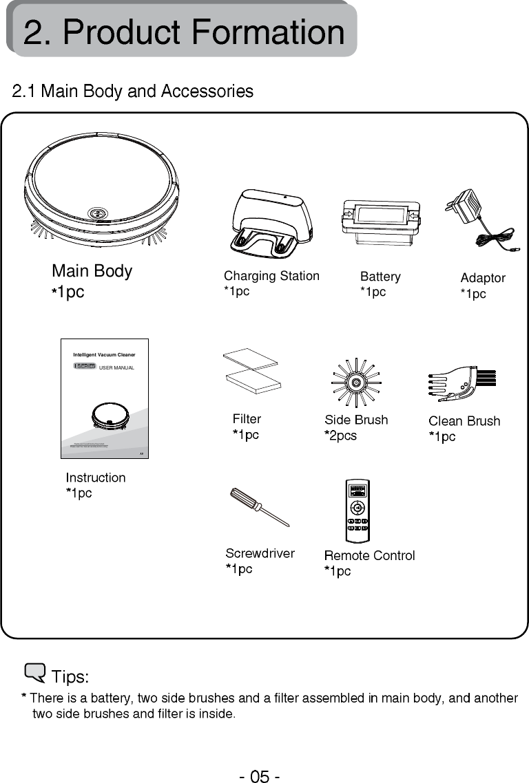 Intelligent Vacuum CleanerUSER MANUALThank you for purchasing the product.Please read the manual carefully before using.Main Body1pc Charging Station*1pc Battery*1pcFilterAdaptor*1pc