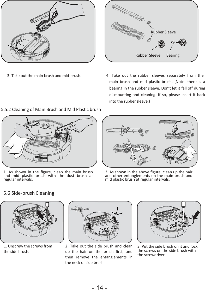 - 14 -                    Rubber Sleeve     Rubber Sleeve  Bearing    3. Take out the main brush and mid-brush.  4.  Take  out  the  rubber  sleeves  separately  from  the main  brush  and  mid  plastic  brush.  (Note:  there  is  a bearing in the rubber sleeve. Don’t let it fall off during dismounting  and  cleaning.  If  so,  please  insert  it  back into the rubber sleeve.) 5.5.2 Cleaning of Main Brush and Mid Plastic brush           1. As  shown  in  the  figure,  clean  the  main  brush and  mid  plastic  brush  with  the  dust  brush  at regular intervals. 2. As shown in the above figure, clean up the hair and other entanglements on the main brush and mid plastic brush at regular intervals.  5.6 Side-brush Cleaning  1. Unscrew the screws from the side brush. 2. Take  out  the  side  brush  and  clean up  the  hair  on  the  brush  first,  and then  remove  the  entanglements  in the neck of side brush. 3. Put the side brush on it and lock the screws on the side brush with the screwdriver. 