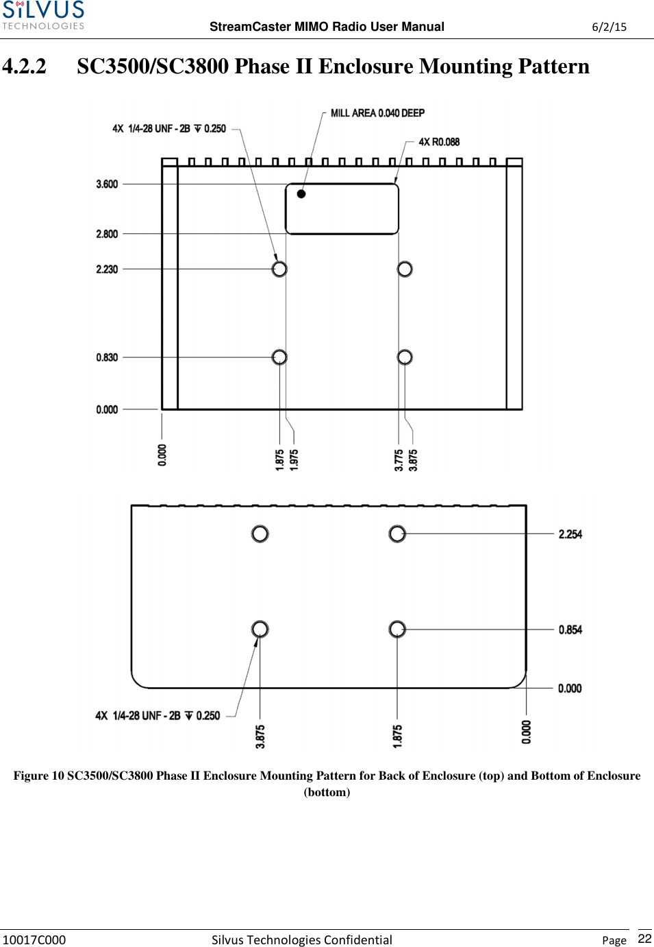  StreamCaster MIMO Radio User Manual  6/2/15 10017C000 Silvus Technologies Confidential    Page   22 4.2.2 SC3500/SC3800 Phase II Enclosure Mounting Pattern   Figure 10 SC3500/SC3800 Phase II Enclosure Mounting Pattern for Back of Enclosure (top) and Bottom of Enclosure (bottom)  