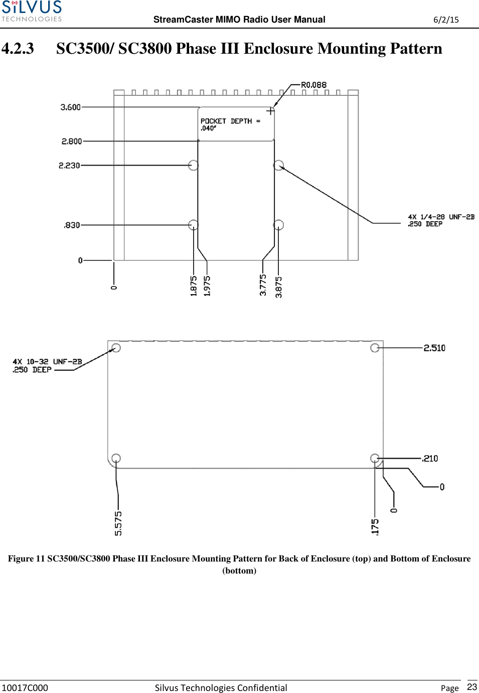  StreamCaster MIMO Radio User Manual  6/2/15 10017C000 Silvus Technologies Confidential    Page   23 4.2.3 SC3500/ SC3800 Phase III Enclosure Mounting Pattern   Figure 11 SC3500/SC3800 Phase III Enclosure Mounting Pattern for Back of Enclosure (top) and Bottom of Enclosure (bottom)   