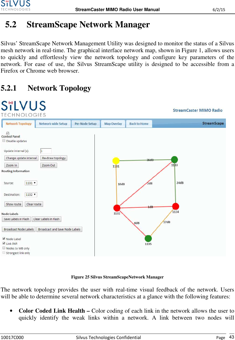  StreamCaster MIMO Radio User Manual  6/2/15 10017C000 Silvus Technologies Confidential    Page   43 5.2 StreamScape Network Manager  Silvus’ StreamScape Network Management Utility was designed to monitor the status of a Silvus mesh network in real-time. The graphical interface network map, shown in Figure 1, allows users to  quickly  and  effortlessly  view  the  network  topology  and  configure  key  parameters  of  the network.  For  ease  of  use,  the  Silvus  StreamScape  utility  is  designed  to  be  accessible  from  a Firefox or Chrome web browser.  5.2.1 Network Topology   Figure 25 Silvus StreamScapeNetwork Manager The network topology provides the user with real-time visual feedback of  the  network. Users will be able to determine several network characteristics at a glance with the following features:   • Color Coded Link Health – Color coding of each link in the network allows the user to quickly  identify  the  weak  links  within  a  network.  A  link  between  two  nodes  will 