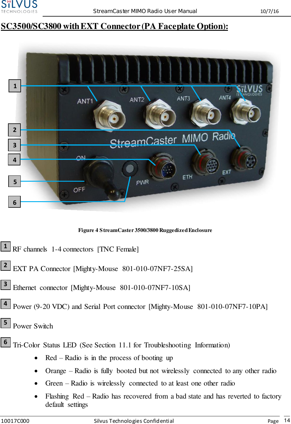  StreamCaster MIMO Radio User Manual  10/7/16 10017C000 Silvus Technologies Confidential    Page   14 SC3500/SC3800 with EXT Connector (PA Faceplate Option):    Figure 4 StreamCaster 3500/3800 Ruggedized Enclosure  RF channels  1-4 connectors  [TNC Female]  EXT PA Connector [Mighty-Mouse  801-010-07NF7-25SA]  Ethernet  connector  [Mighty-Mouse  801-010-07NF7-10SA]  Power (9-20 VDC) and Serial  Port connector  [Mighty-Mouse  801-010-07NF7-10PA]  Power Switch  Tri-Color  Status LED  (See Section  11.1 for Troubleshooting  Information)  Red – Radio is in the process of booting  up  Orange – Radio is fully  booted but not wirelessly  connected  to any other radio  Green – Radio is wirelessly  connected  to at least one other radio  Flashing  Red – Radio has recovered from  a bad state and has reverted to factory default  settings 1 2 3 4 5 6 2 3 4 1 6 5 
