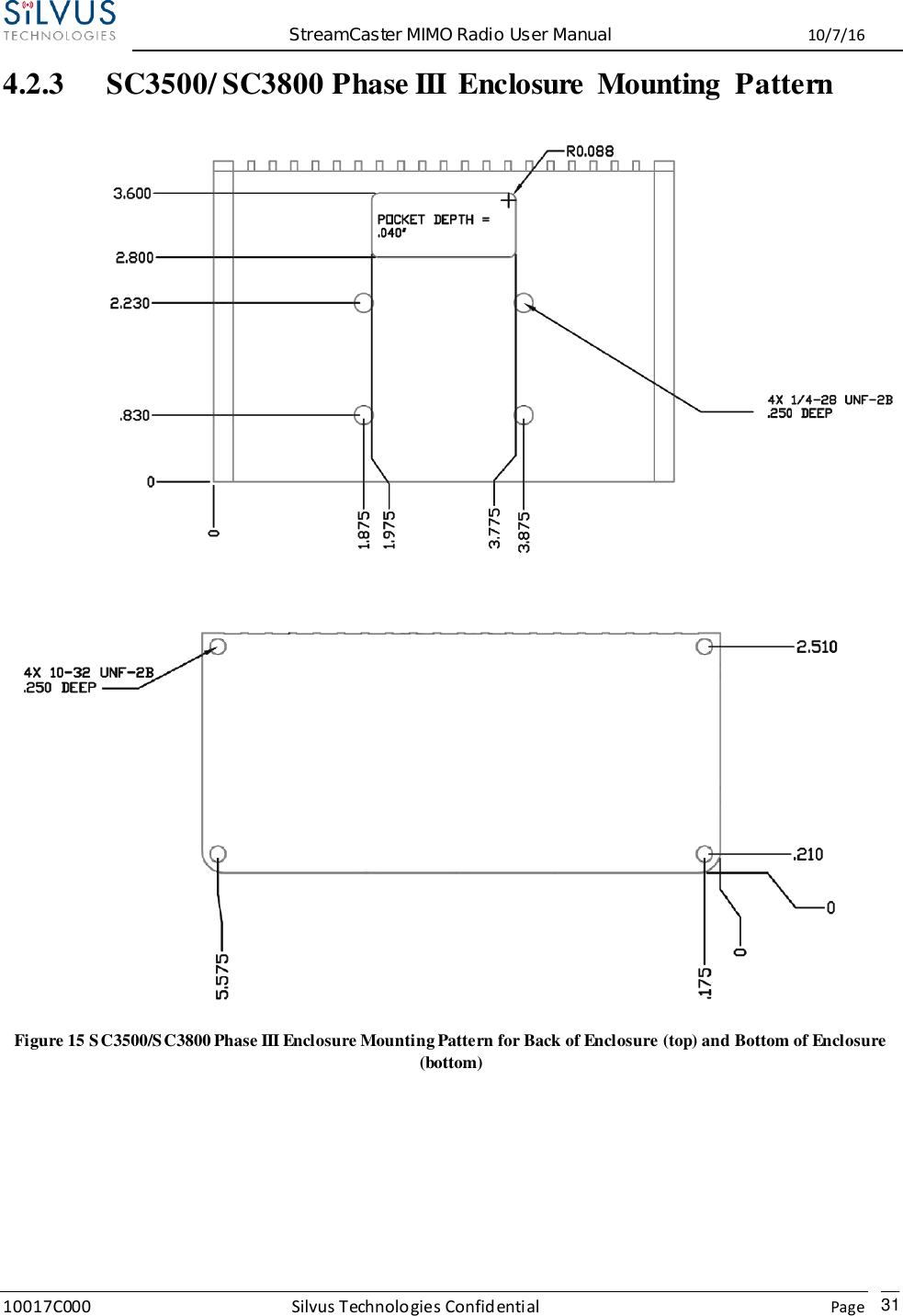  StreamCaster MIMO Radio User Manual  10/7/16 10017C000 Silvus Technologies Confidential    Page   31 4.2.3 SC3500/ SC3800 Phase III  Enclosure  Mounting  Pattern   Figure 15 SC3500/SC3800 Phase III Enclosure Mounting Pattern for Back of Enclosure (top) and Bottom of Enclosure (bottom)   
