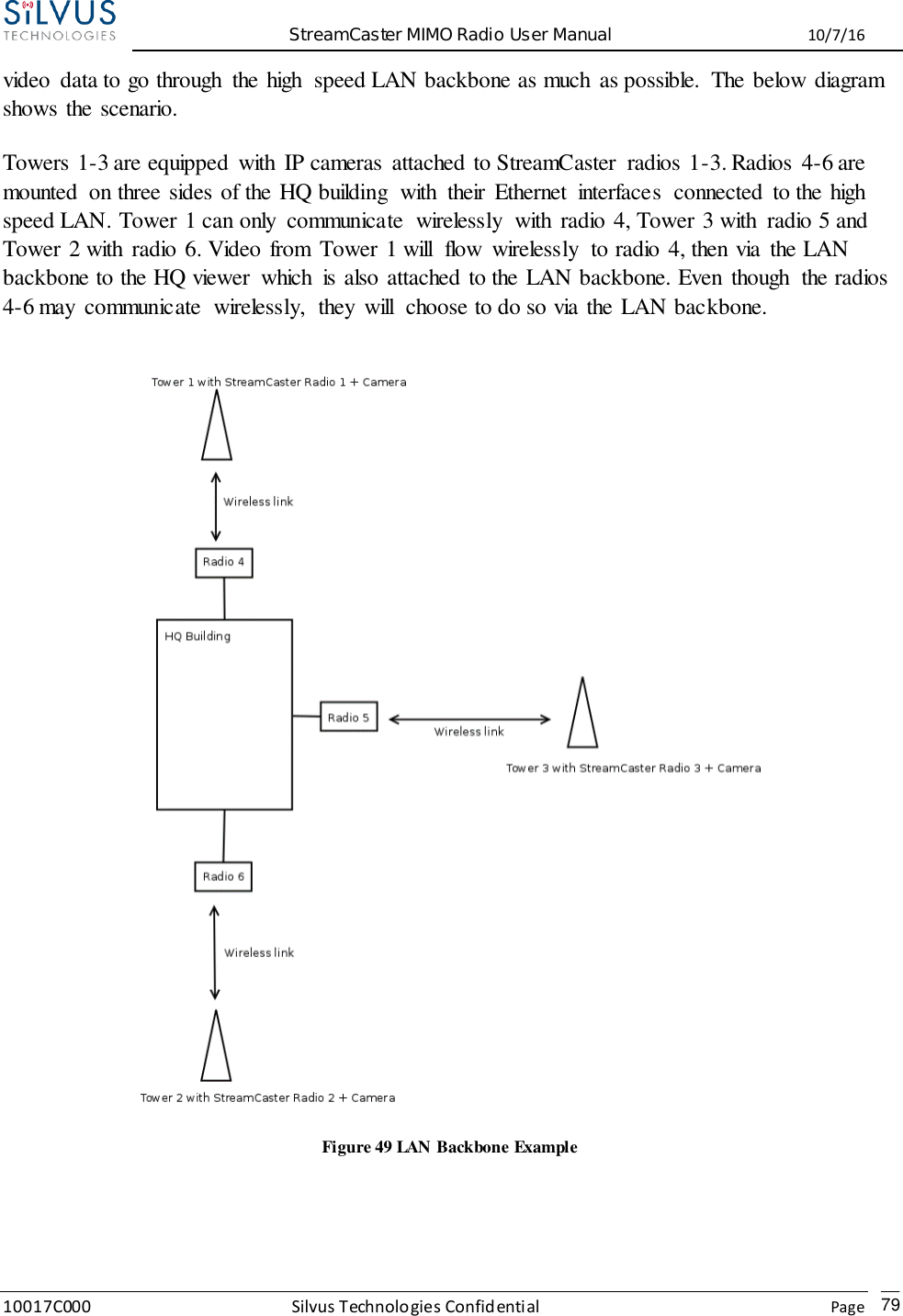  StreamCaster MIMO Radio User Manual  10/7/16 10017C000 Silvus Technologies Confidential    Page   79 video  data to go through  the high  speed LAN backbone as much  as possible.  The below diagram shows the scenario. Towers 1-3 are equipped  with  IP cameras  attached to StreamCaster  radios 1-3. Radios  4-6 are mounted  on three sides of the HQ building  with  their  Ethernet  interfaces  connected  to the high speed LAN. Tower 1 can only  communicate  wirelessly  with  radio 4, Tower 3 with  radio 5 and Tower 2 with  radio 6. Video from  Tower 1 will  flow  wirelessly  to radio 4, then via  the LAN backbone to the HQ viewer  which  is also attached to the LAN backbone. Even  though  the radios 4-6 may  communicate  wirelessly,  they  will  choose to do so via the LAN backbone.   Figure 49 LAN Backbone Example  