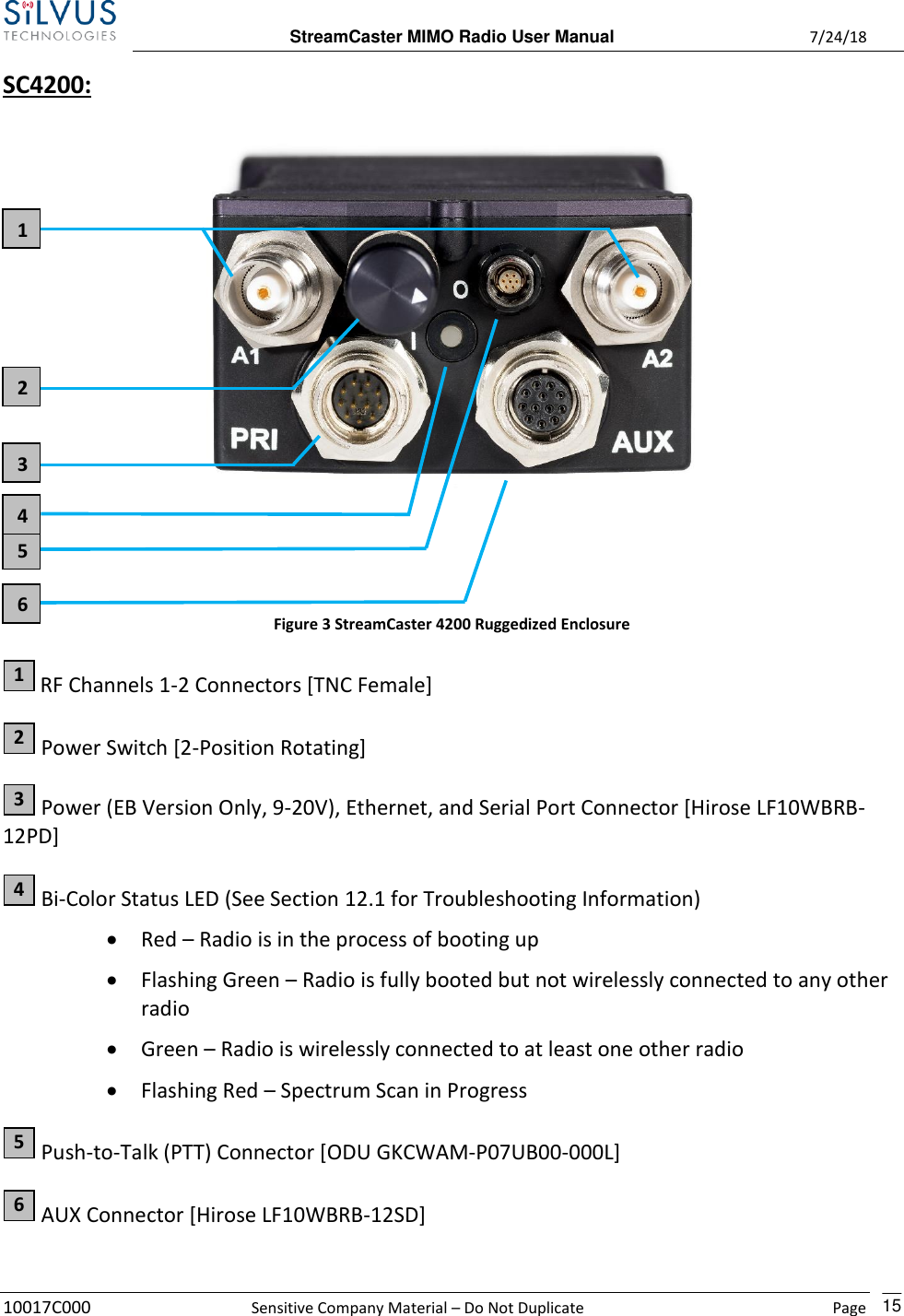  StreamCaster MIMO Radio User Manual  7/24/18 10017C000  Sensitive Company Material – Do Not Duplicate    Page    15 SC4200:     Figure 3 StreamCaster 4200 Ruggedized Enclosure  RF Channels 1-2 Connectors [TNC Female]  Power Switch [2-Position Rotating]  Power (EB Version Only, 9-20V), Ethernet, and Serial Port Connector [Hirose LF10WBRB-12PD]  Bi-Color Status LED (See Section 12.1 for Troubleshooting Information) • Red – Radio is in the process of booting up • Flashing Green – Radio is fully booted but not wirelessly connected to any other radio • Green – Radio is wirelessly connected to at least one other radio • Flashing Red – Spectrum Scan in Progress  Push-to-Talk (PTT) Connector [ODU GKCWAM-P07UB00-000L]  AUX Connector [Hirose LF10WBRB-12SD]  1 2 3 4 5 6 1 3 5 4 6 2 