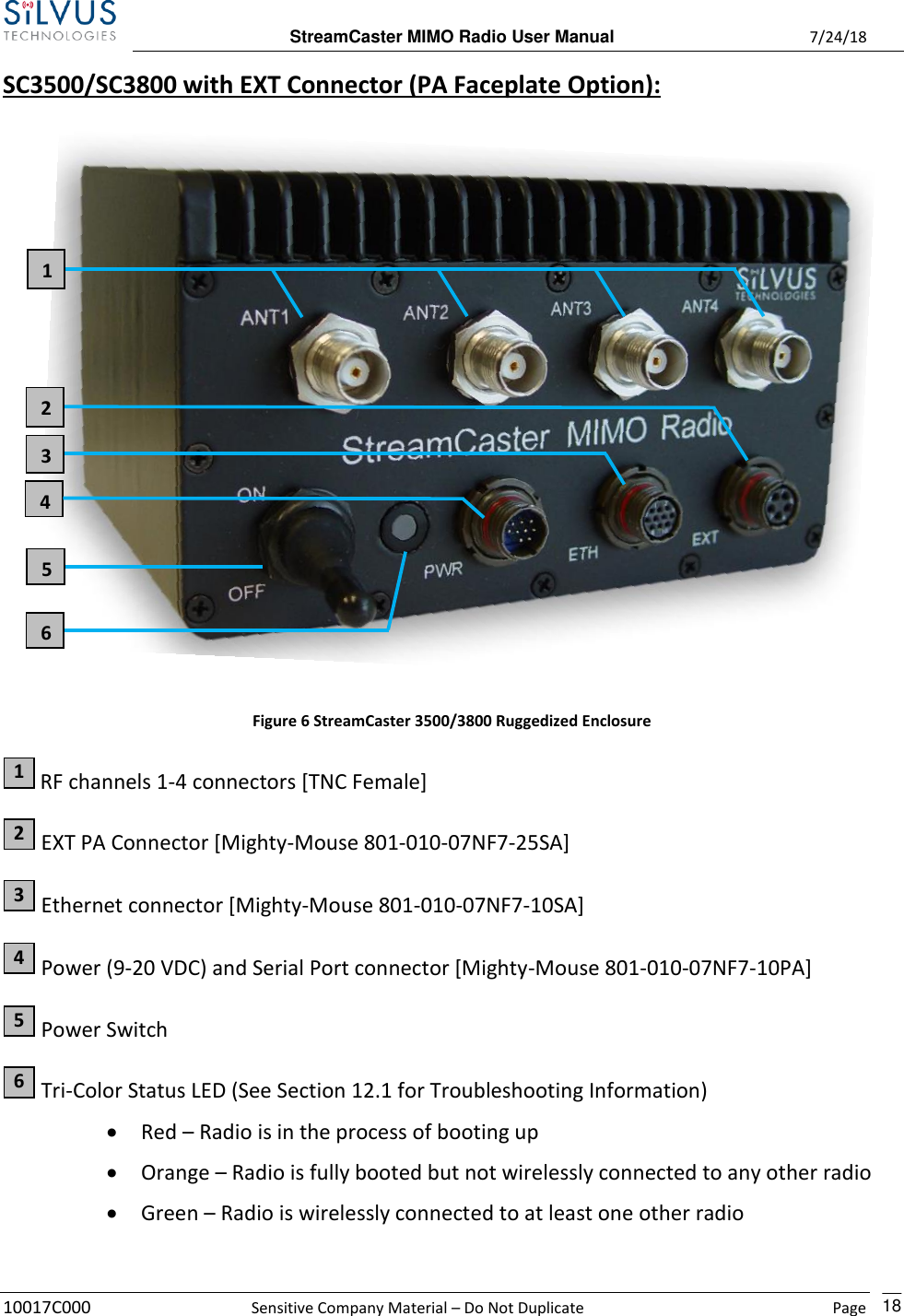  StreamCaster MIMO Radio User Manual  7/24/18 10017C000  Sensitive Company Material – Do Not Duplicate    Page    18 SC3500/SC3800 with EXT Connector (PA Faceplate Option):    Figure 6 StreamCaster 3500/3800 Ruggedized Enclosure  RF channels 1-4 connectors [TNC Female]  EXT PA Connector [Mighty-Mouse 801-010-07NF7-25SA]  Ethernet connector [Mighty-Mouse 801-010-07NF7-10SA]  Power (9-20 VDC) and Serial Port connector [Mighty-Mouse 801-010-07NF7-10PA]  Power Switch  Tri-Color Status LED (See Section 12.1 for Troubleshooting Information) • Red – Radio is in the process of booting up • Orange – Radio is fully booted but not wirelessly connected to any other radio • Green – Radio is wirelessly connected to at least one other radio 1 2 3 4 5 6 2 3 4 1 6 5 