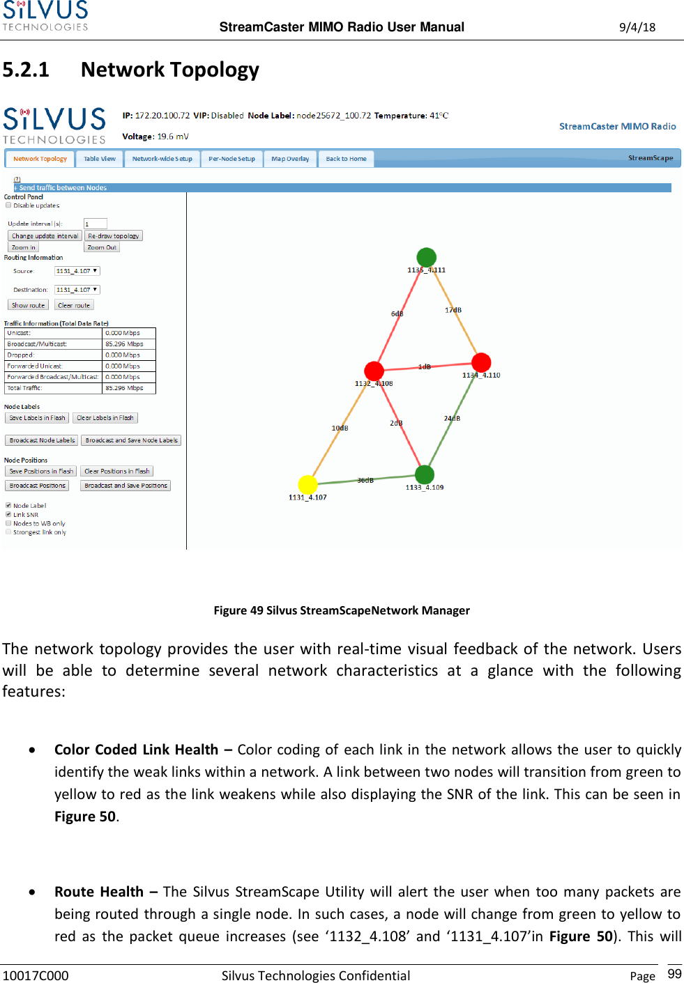  StreamCaster MIMO Radio User Manual  9/4/18 10017C000 Silvus Technologies Confidential    Page    99 5.2.1 Network Topology   Figure 49 Silvus StreamScapeNetwork Manager The network topology provides the user with  real-time visual feedback of the network. Users will  be  able  to  determine  several  network  characteristics  at  a  glance  with  the  following features:    Color Coded Link Health  – Color coding of each link in  the network allows the user to quickly identify the weak links within a network. A link between two nodes will transition from green to yellow to red as the link weakens while also displaying the SNR of the link. This can be seen in Figure 50.    Route  Health  – The  Silvus  StreamScape Utility  will  alert the  user  when  too  many packets  are being routed through a single node. In such cases, a node will change from green to yellow to red  as  the  packet  queue  increases  (see  ‘1132_4.108’  and  ‘1131_4.107’in  Figure  50).  This  will 