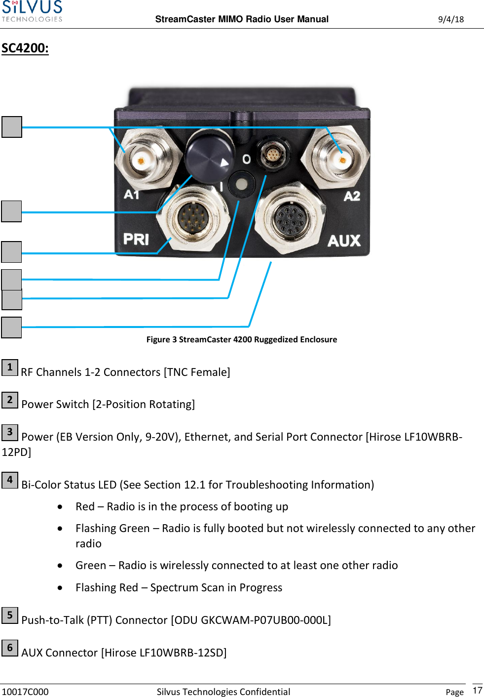  StreamCaster MIMO Radio User Manual  9/4/18 10017C000 Silvus Technologies Confidential    Page    17 SC4200:     Figure 3 StreamCaster 4200 Ruggedized Enclosure  RF Channels 1-2 Connectors [TNC Female]  Power Switch [2-Position Rotating]  Power (EB Version Only, 9-20V), Ethernet, and Serial Port Connector [Hirose LF10WBRB-12PD]  Bi-Color Status LED (See Section 12.1 for Troubleshooting Information)  Red – Radio is in the process of booting up  Flashing Green – Radio is fully booted but not wirelessly connected to any other radio  Green – Radio is wirelessly connected to at least one other radio  Flashing Red – Spectrum Scan in Progress  Push-to-Talk (PTT) Connector [ODU GKCWAM-P07UB00-000L]  AUX Connector [Hirose LF10WBRB-12SD] 6 5 4 3 2 1 