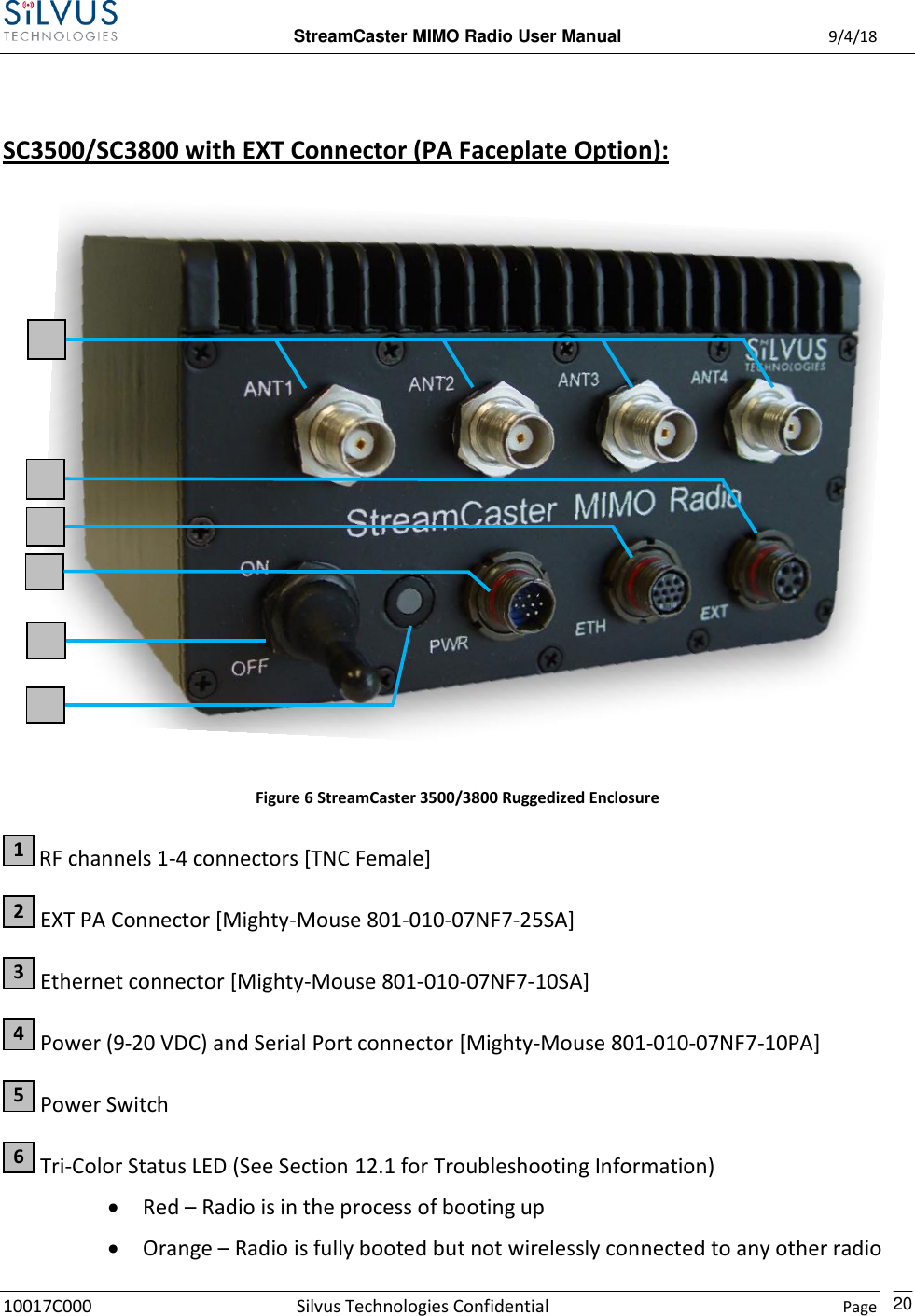  StreamCaster MIMO Radio User Manual  9/4/18 10017C000 Silvus Technologies Confidential    Page    20  SC3500/SC3800 with EXT Connector (PA Faceplate Option):    Figure 6 StreamCaster 3500/3800 Ruggedized Enclosure  RF channels 1-4 connectors [TNC Female]  EXT PA Connector [Mighty-Mouse 801-010-07NF7-25SA]  Ethernet connector [Mighty-Mouse 801-010-07NF7-10SA]  Power (9-20 VDC) and Serial Port connector [Mighty-Mouse 801-010-07NF7-10PA]  Power Switch  Tri-Color Status LED (See Section 12.1 for Troubleshooting Information)  Red – Radio is in the process of booting up  Orange – Radio is fully booted but not wirelessly connected to any other radio 6 5 4 3 2 1 