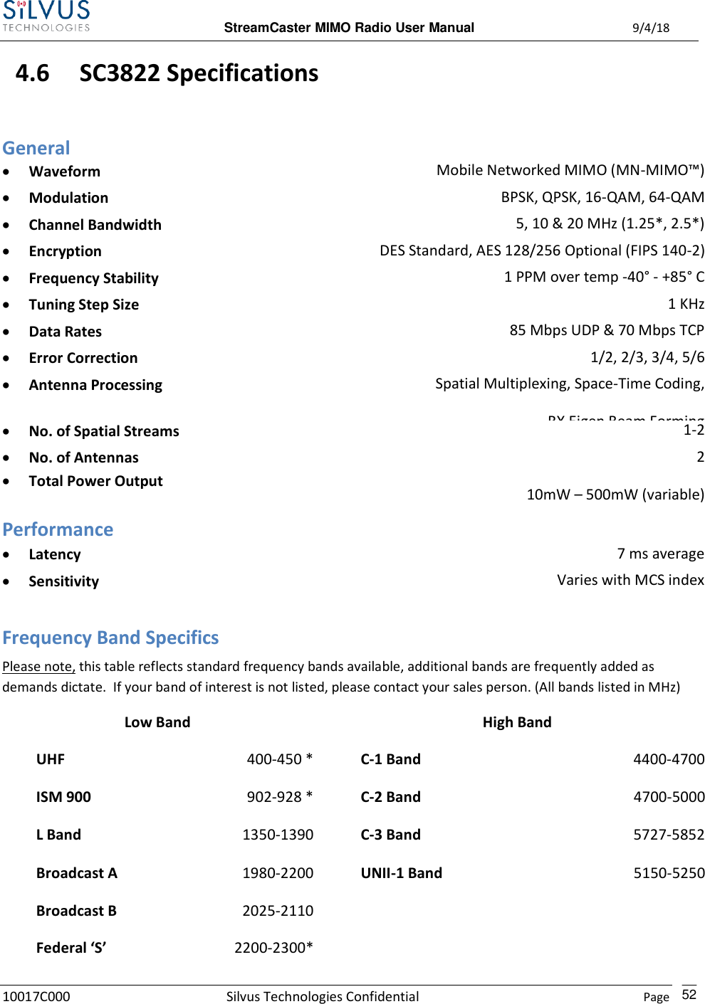  StreamCaster MIMO Radio User Manual  9/4/18 10017C000 Silvus Technologies Confidential    Page    52 4.6 SC3822 Specifications General  Waveform Mobile Networked MIMO (MN-MIMO™)  Modulation BPSK, QPSK, 16-QAM, 64-QAM  Channel Bandwidth 5, 10 &amp; 20 MHz (1.25*, 2.5*)  Encryption DES Standard, AES 128/256 Optional (FIPS 140-2)  Frequency Stability 1 PPM over temp -40° - +85° C  Tuning Step Size 1 KHz  Data Rates 85 Mbps UDP &amp; 70 Mbps TCP  Error Correction 1/2, 2/3, 3/4, 5/6  Antenna Processing Spatial Multiplexing, Space-Time Coding, RX Eigen Beam Forming  No. of Spatial Streams 1-2  No. of Antennas  Total Power Output 2 10mW – 500mW (variable)  Performance  Latency 7 ms average  Sensitivity Varies with MCS index Maximum = -99 dBm (5MHz BW, MCS0) (5 MHz BW, MCS 0) Frequency Band Specifics Please note, this table reflects standard frequency bands available, additional bands are frequently added as demands dictate.  If your band of interest is not listed, please contact your sales person. (All bands listed in MHz)  Low Band High Band  UHF 400-450 *  C-1 Band 4400-4700   ISM 900 902-928 *  C-2 Band 4700-5000  L Band 1350-1390  C-3 Band 5727-5852   Broadcast A 1980-2200  UNII-1 Band 5150-5250  Broadcast B 2025-2110     Federal ‘S’ 2200-2300*    