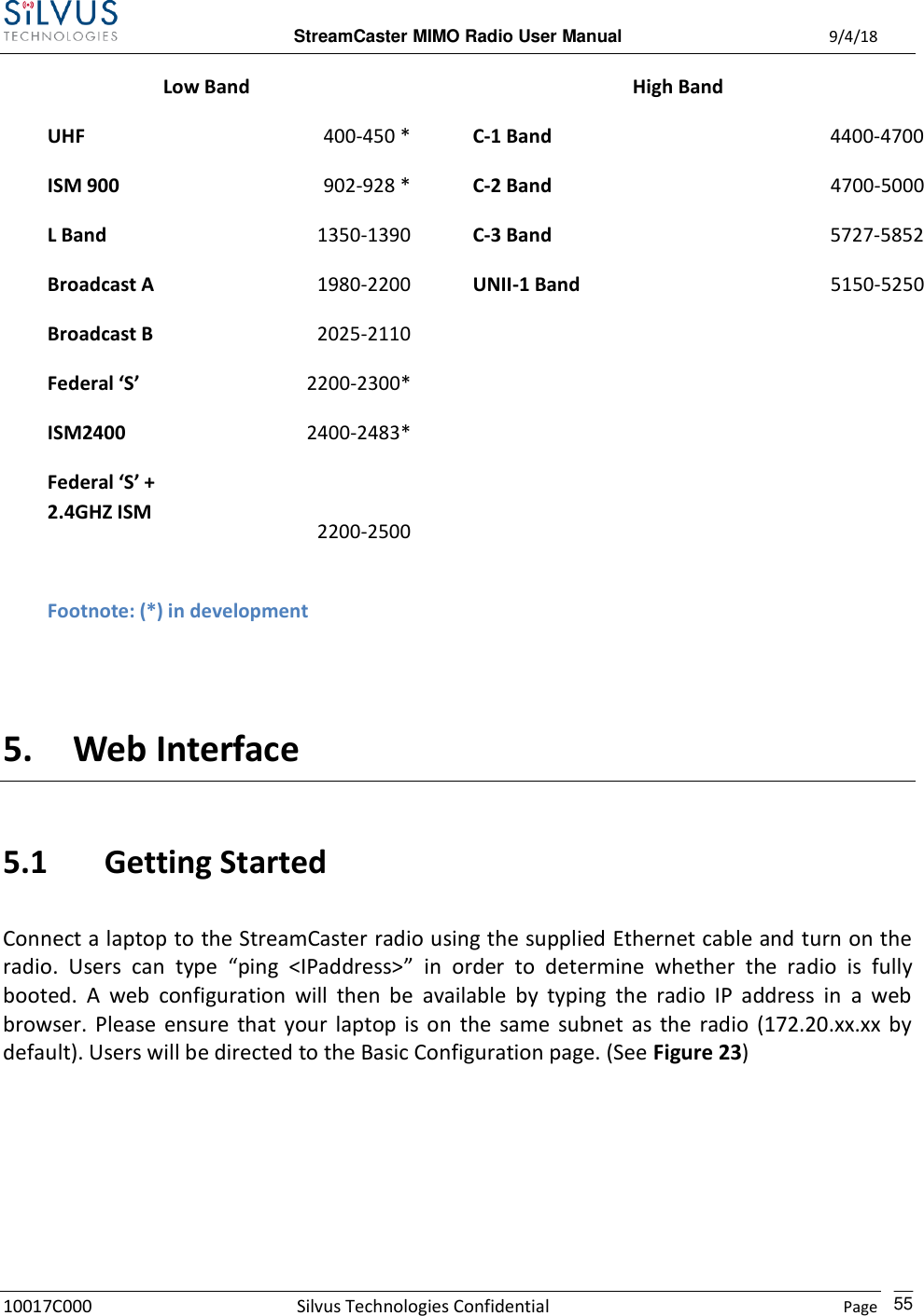  StreamCaster MIMO Radio User Manual  9/4/18 10017C000 Silvus Technologies Confidential    Page    55 Low Band High Band  UHF 400-450 *  C-1 Band 4400-4700   ISM 900 902-928 *  C-2 Band 4700-5000  L Band 1350-1390  C-3 Band 5727-5852   Broadcast A 1980-2200  UNII-1 Band 5150-5250  Broadcast B 2025-2110     Federal ‘S’ 2200-2300*     ISM2400 Federal ‘S’ + 2.4GHZ ISM 2400-2483*   2200-2500      Footnote: (*) in development     5. Web Interface 5.1 Getting Started  Connect a laptop to the StreamCaster radio using the supplied Ethernet cable and turn on the radio.  Users  can  type  “ping  &lt;IPaddress&gt;”  in  order  to  determine  whether  the  radio  is  fully booted.  A  web  configuration  will  then  be  available  by  typing  the  radio  IP  address  in  a  web browser.  Please  ensure  that your  laptop is  on  the  same  subnet  as  the  radio  (172.20.xx.xx  by default). Users will be directed to the Basic Configuration page. (See Figure 23) 