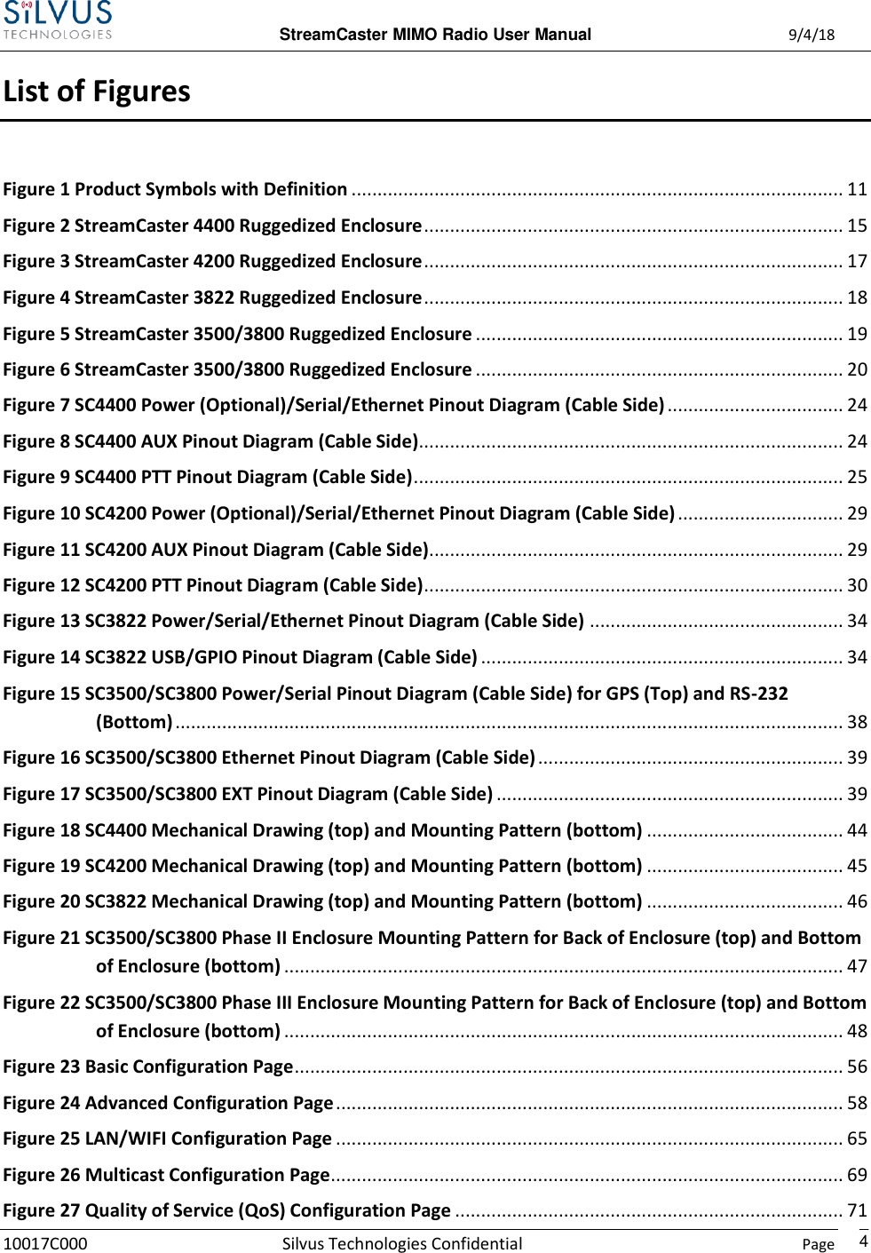  StreamCaster MIMO Radio User Manual  9/4/18 10017C000 Silvus Technologies Confidential    Page    4 List of Figures Figure 1 Product Symbols with Definition ............................................................................................... 11 Figure 2 StreamCaster 4400 Ruggedized Enclosure ................................................................................. 15 Figure 3 StreamCaster 4200 Ruggedized Enclosure ................................................................................. 17 Figure 4 StreamCaster 3822 Ruggedized Enclosure ................................................................................. 18 Figure 5 StreamCaster 3500/3800 Ruggedized Enclosure ....................................................................... 19 Figure 6 StreamCaster 3500/3800 Ruggedized Enclosure ....................................................................... 20 Figure 7 SC4400 Power (Optional)/Serial/Ethernet Pinout Diagram (Cable Side) .................................. 24 Figure 8 SC4400 AUX Pinout Diagram (Cable Side).................................................................................. 24 Figure 9 SC4400 PTT Pinout Diagram (Cable Side) ................................................................................... 25 Figure 10 SC4200 Power (Optional)/Serial/Ethernet Pinout Diagram (Cable Side) ................................ 29 Figure 11 SC4200 AUX Pinout Diagram (Cable Side)................................................................................ 29 Figure 12 SC4200 PTT Pinout Diagram (Cable Side) ................................................................................. 30 Figure 13 SC3822 Power/Serial/Ethernet Pinout Diagram (Cable Side) ................................................. 34 Figure 14 SC3822 USB/GPIO Pinout Diagram (Cable Side) ...................................................................... 34 Figure 15 SC3500/SC3800 Power/Serial Pinout Diagram (Cable Side) for GPS (Top) and RS-232 (Bottom) ................................................................................................................................. 38 Figure 16 SC3500/SC3800 Ethernet Pinout Diagram (Cable Side) ........................................................... 39 Figure 17 SC3500/SC3800 EXT Pinout Diagram (Cable Side) ................................................................... 39 Figure 18 SC4400 Mechanical Drawing (top) and Mounting Pattern (bottom) ...................................... 44 Figure 19 SC4200 Mechanical Drawing (top) and Mounting Pattern (bottom) ...................................... 45 Figure 20 SC3822 Mechanical Drawing (top) and Mounting Pattern (bottom) ...................................... 46 Figure 21 SC3500/SC3800 Phase II Enclosure Mounting Pattern for Back of Enclosure (top) and Bottom of Enclosure (bottom) ............................................................................................................ 47 Figure 22 SC3500/SC3800 Phase III Enclosure Mounting Pattern for Back of Enclosure (top) and Bottom of Enclosure (bottom) ............................................................................................................ 48 Figure 23 Basic Configuration Page .......................................................................................................... 56 Figure 24 Advanced Configuration Page .................................................................................................. 58 Figure 25 LAN/WIFI Configuration Page .................................................................................................. 65 Figure 26 Multicast Configuration Page ................................................................................................... 69 Figure 27 Quality of Service (QoS) Configuration Page ........................................................................... 71 