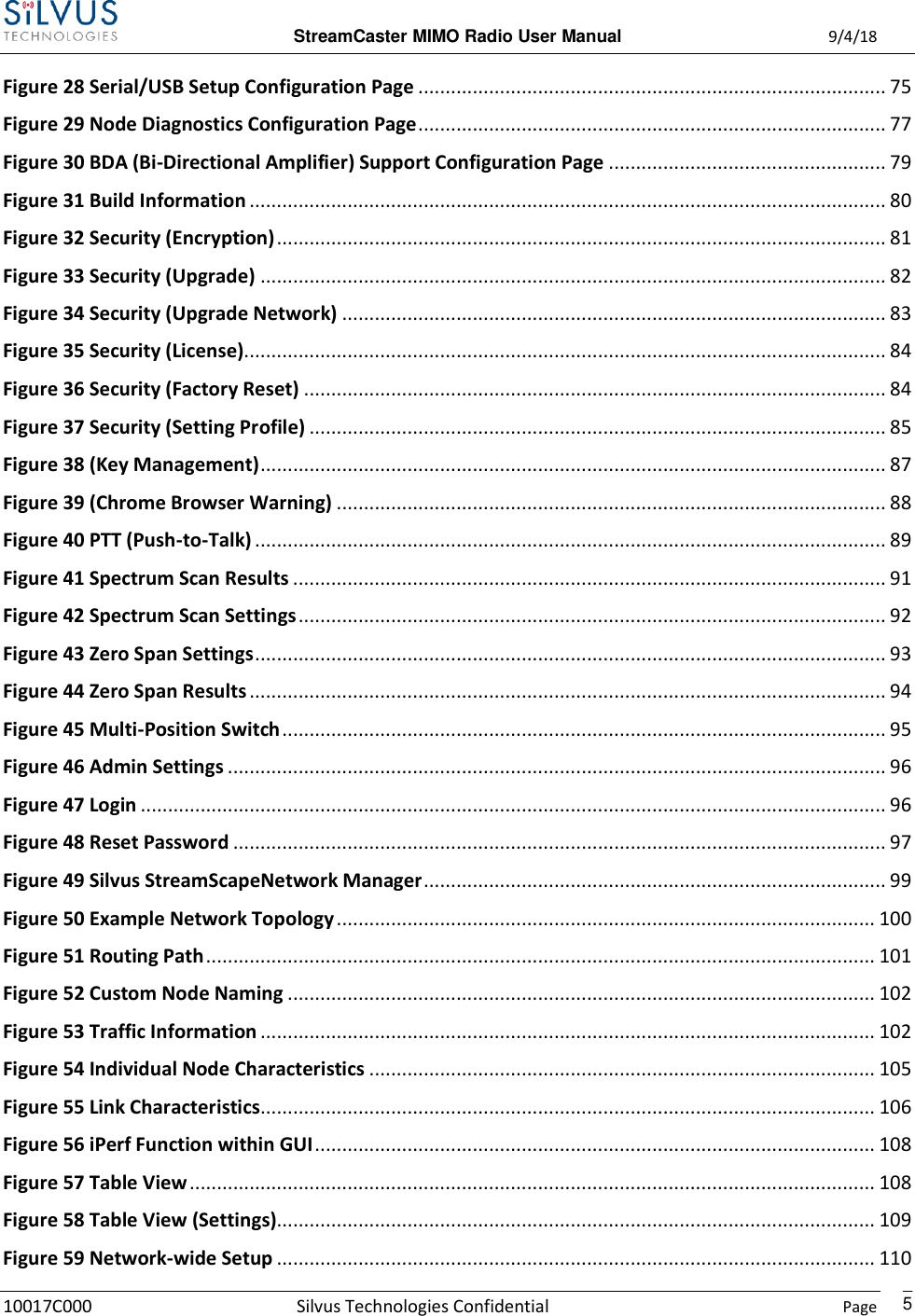  StreamCaster MIMO Radio User Manual  9/4/18 10017C000 Silvus Technologies Confidential    Page    5 Figure 28 Serial/USB Setup Configuration Page ...................................................................................... 75 Figure 29 Node Diagnostics Configuration Page ...................................................................................... 77 Figure 30 BDA (Bi-Directional Amplifier) Support Configuration Page ................................................... 79 Figure 31 Build Information ..................................................................................................................... 80 Figure 32 Security (Encryption) ................................................................................................................ 81 Figure 33 Security (Upgrade) ................................................................................................................... 82 Figure 34 Security (Upgrade Network) .................................................................................................... 83 Figure 35 Security (License)...................................................................................................................... 84 Figure 36 Security (Factory Reset) ........................................................................................................... 84 Figure 37 Security (Setting Profile) .......................................................................................................... 85 Figure 38 (Key Management) ................................................................................................................... 87 Figure 39 (Chrome Browser Warning) ..................................................................................................... 88 Figure 40 PTT (Push-to-Talk) .................................................................................................................... 89 Figure 41 Spectrum Scan Results ............................................................................................................. 91 Figure 42 Spectrum Scan Settings ............................................................................................................ 92 Figure 43 Zero Span Settings .................................................................................................................... 93 Figure 44 Zero Span Results ..................................................................................................................... 94 Figure 45 Multi-Position Switch ............................................................................................................... 95 Figure 46 Admin Settings ......................................................................................................................... 96 Figure 47 Login ......................................................................................................................................... 96 Figure 48 Reset Password ........................................................................................................................ 97 Figure 49 Silvus StreamScapeNetwork Manager ..................................................................................... 99 Figure 50 Example Network Topology ................................................................................................... 100 Figure 51 Routing Path ........................................................................................................................... 101 Figure 52 Custom Node Naming ............................................................................................................ 102 Figure 53 Traffic Information ................................................................................................................. 102 Figure 54 Individual Node Characteristics ............................................................................................. 105 Figure 55 Link Characteristics................................................................................................................. 106 Figure 56 iPerf Function within GUI ....................................................................................................... 108 Figure 57 Table View .............................................................................................................................. 108 Figure 58 Table View (Settings).............................................................................................................. 109 Figure 59 Network-wide Setup .............................................................................................................. 110 