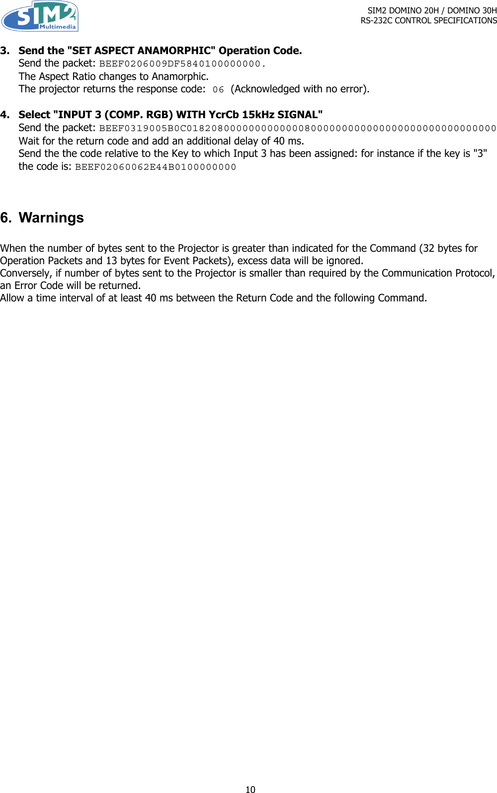 Page 10 of 10 - Sim2-Multimedia Sim2-Multimedia-Dlp-Rs-232C-Users-Manual DOMINO 20H-30H Control Spec. 1.1