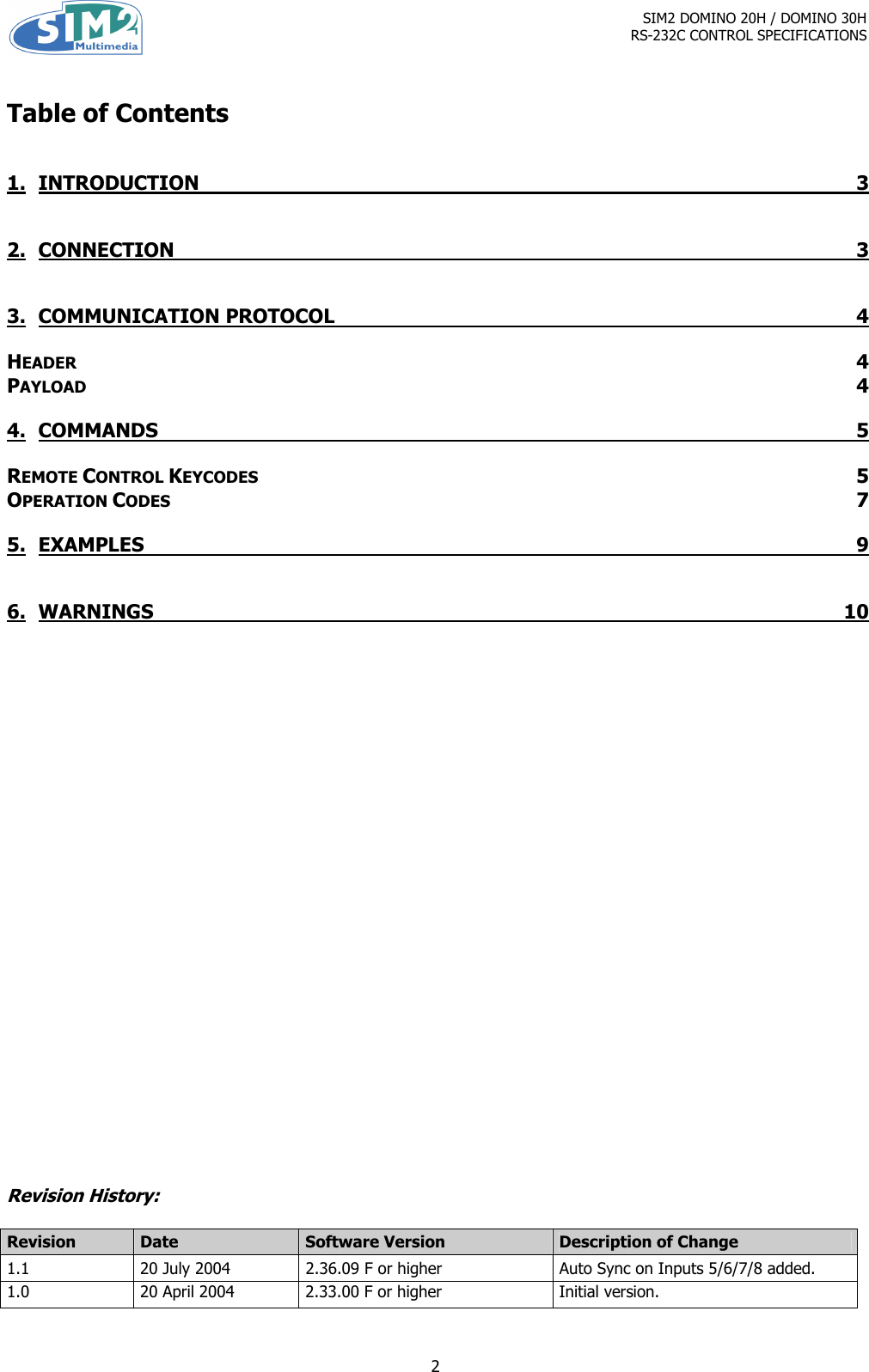 Page 2 of 10 - Sim2-Multimedia Sim2-Multimedia-Dlp-Rs-232C-Users-Manual DOMINO 20H-30H Control Spec. 1.1