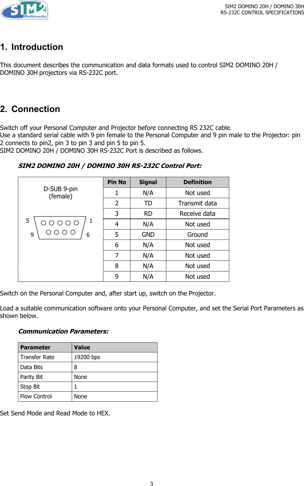 Page 3 of 10 - Sim2-Multimedia Sim2-Multimedia-Dlp-Rs-232C-Users-Manual DOMINO 20H-30H Control Spec. 1.1