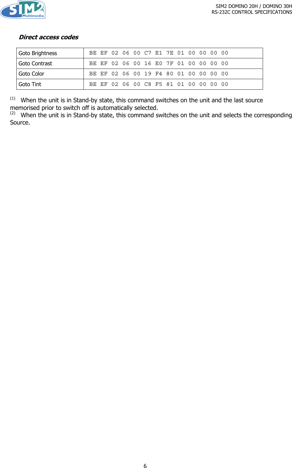 Page 6 of 10 - Sim2-Multimedia Sim2-Multimedia-Dlp-Rs-232C-Users-Manual DOMINO 20H-30H Control Spec. 1.1