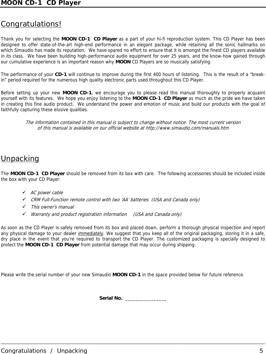 Page 5 of 12 - Simaudio Simaudio-Moon-Cd-1-Users-Manual- Owner’s Manual  Simaudio-moon-cd-1-users-manual