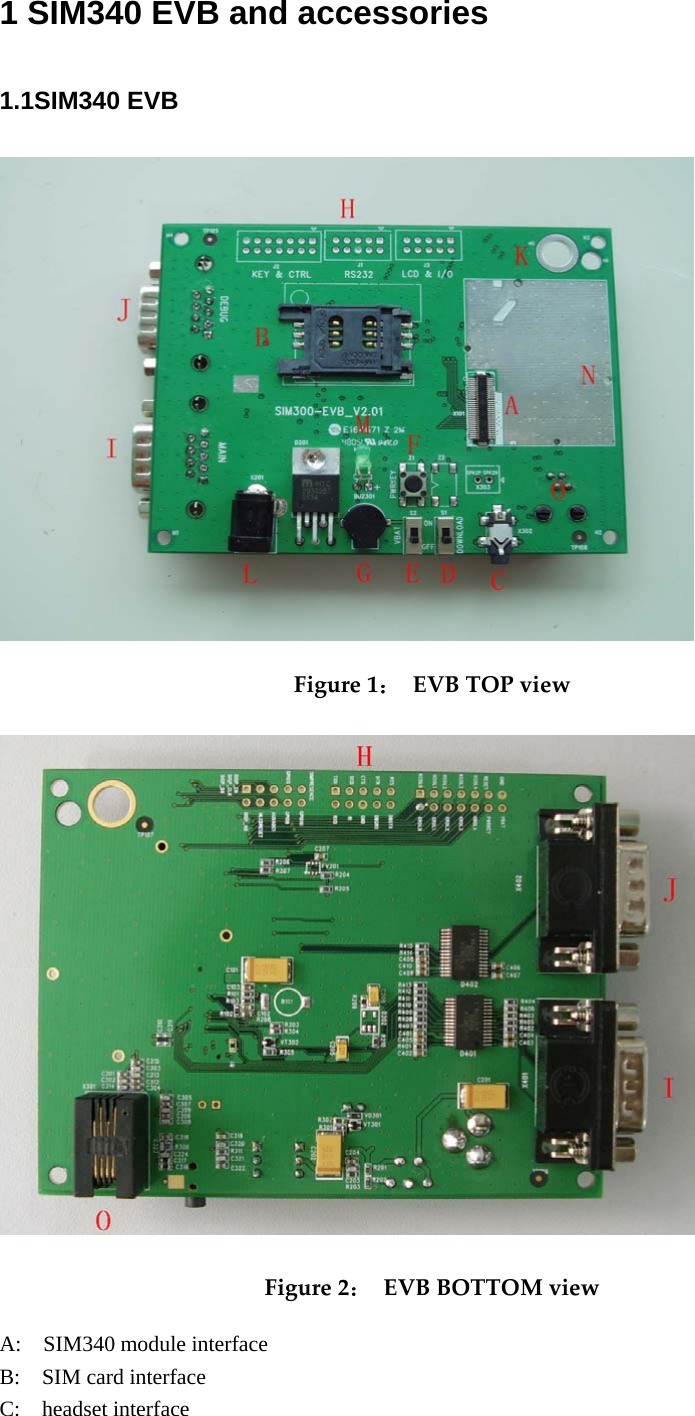 1 SIM340 EVB and accessories 1.1SIM340 EVB  Figure1：EVBTOPview Figure2：EVBBOTTOMviewA:  SIM340 module interface B:    SIM card interface C:  headset interface 