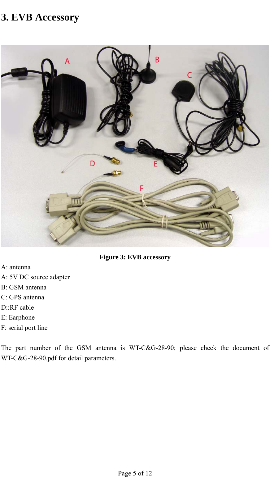                                           3. EVB Accessory  Figure 3: EVB accessory A: antenna A: 5V DC source adapter B: GSM antenna   C: GPS antenna D::RF cable   E: Earphone F: serial port line  The part number of the GSM antenna is WT-C&amp;G-28-90; please check the document of WT-C&amp;G-28-90.pdf for detail parameters.    Page 5 of 12 