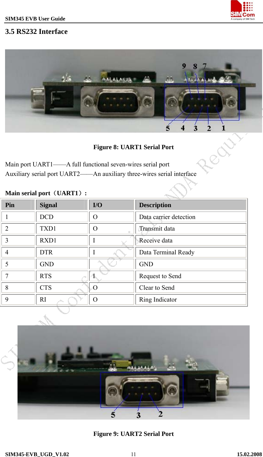 SIM345 EVB User Guide                                                             SIM345-EVB_UGD_V1.02   15.02.2008   113.5 RS232 Interface  Figure 8: UART1 Serial Port   Main port UART1——A full functional seven-wires serial port Auxiliary serial port UART2——An auxiliary three-wires serial interface  Main serial port（UART1）: Pin  Signal  I/O  Description 1 DCD  O Data carrier detection 2 TXD1  O Transmit data 3 RXD1  I Receive data 4 DTR  I Data Terminal Ready 5 GND    GND 7 RTS  I Request to Send 8 CTS  O Clear to Send 9 RI  O Ring Indicator   Figure 9: UART2 Serial Port   