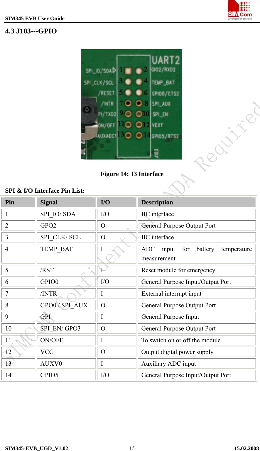 SIM345 EVB User Guide                                                             SIM345-EVB_UGD_V1.02   15.02.2008   154.3 J103---GPIO  Figure 14: J3 Interface SPI &amp; I/O Interface Pin List: Pin  Signal  I/O  Description 1  SPI_IO/ SDA  I/O  IIC interface 2 GPO2  O General Purpose Output Port 3 SPI_CLK/ SCL O IIC interface 4  TEMP_BAT  I  ADC input for battery temperature measurement 5 /RST  I Reset module for emergency 6 GPIO0  I/O General Purpose Input/Output Port 7  /INTR  I  External interrupt input 8  GPO0 / SPI_AUX  O  General Purpose Output Port 9  GPI  I  General Purpose Input 10  SPI_EN/ GPO3  O  General Purpose Output Port 11  ON/OFF  I  To switch on or off the module 12  VCC  O  Output digital power supply 13  AUXV0  I  Auxiliary ADC input 14  GPIO5  I/O  General Purpose Input/Output Port    