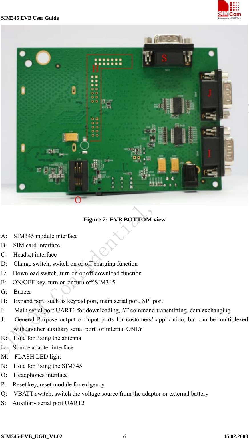 SIM345 EVB User Guide                                                             SIM345-EVB_UGD_V1.02   15.02.2008   6 Figure 2: EVB BOTTOM view A:  SIM345 module interface B:    SIM card interface C:  Headset interface D:    Charge switch, switch on or off charging function E:    Download switch, turn on or off download function F:    ON/OFF key, turn on or turn off SIM345 G:  Buzzer H:    Expand port, such as keypad port, main serial port, SPI port   I:      Main serial port UART1 for downloading, AT command transmitting, data exchanging J:   General Purpose output or input ports for customers’ application, but can be multiplexed with another auxiliary serial port for internal ONLY K:  Hole for fixing the antenna L:  Source adapter interface M:    FLASH LED light N:  Hole for fixing the SIM345 O:  Headphones interface P:    Reset key, reset module for exigency  Q:    VBATT switch, switch the voltage source from the adaptor or external battery S:    Auxiliary serial port UART2 