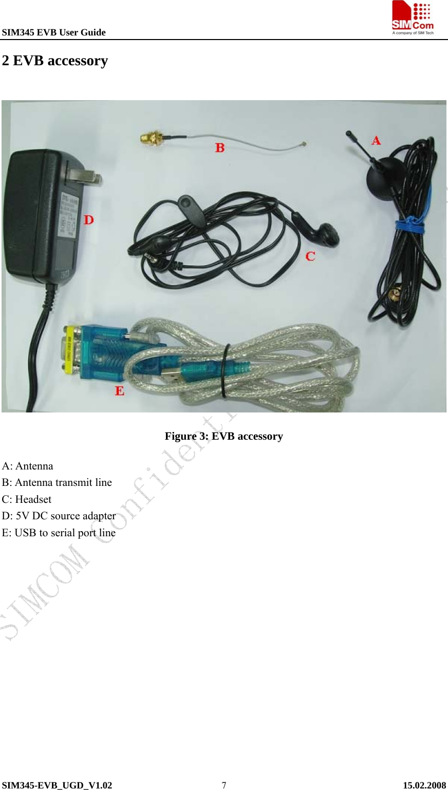 SIM345 EVB User Guide                                                             SIM345-EVB_UGD_V1.02   15.02.2008   72 EVB accessory  Figure 3: EVB accessory A: Antenna B: Antenna transmit line C: Headset D: 5V DC source adapter E: USB to serial port line   