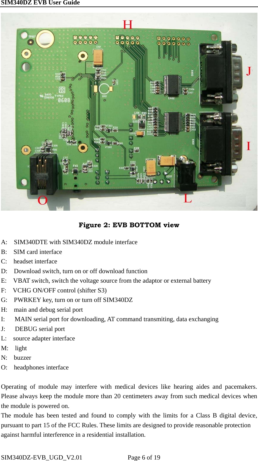 SIM340DZ EVB User Guide                                                        Figure 2: EVB BOTTOM view A:    SIM340DTE with SIM340DZ module interface B:    SIM card interface C:  headset interface D:    Download switch, turn on or off download function E:    VBAT switch, switch the voltage source from the adaptor or external battery F:    VCHG ON/OFF control (shifter S3) G:    PWRKEY key, turn on or turn off SIM340DZ H:    main and debug serial port I:      MAIN serial port for downloading, AT command transmiting, data exchanging J:   DEBUG serial port L:  source adapter interface M:  light N:  buzzer O:  headphones interface  Operating of module may interfere with medical devices like hearing aides and pacemakers. Please always keep the module more than 20 centimeters away from such medical devices when the module is powered on. The module has been tested and found to comply with the limits for a Class B digital device, pursuant to part 15 of the FCC Rules. These limits are designed to provide reasonable protection   against harmful interference in a residential installation. SIM340DZ-EVB_UGD_V2.01              Page 6 of 19 