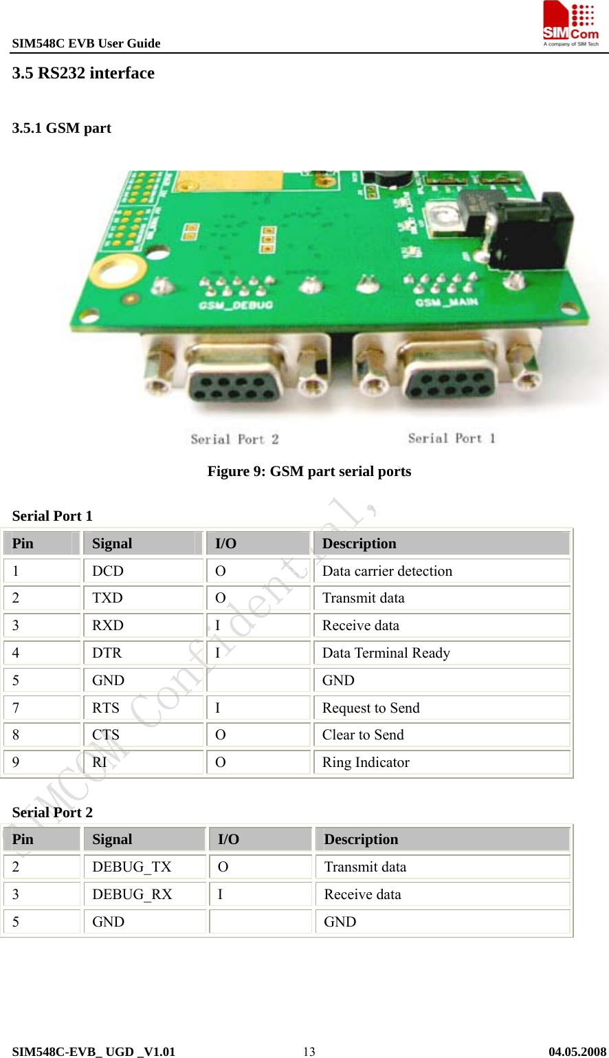 SIM548C EVB User Guide                                                             SIM548C-EVB_ UGD _V1.01   04.05.2008   133.5 RS232 interface 3.5.1 GSM part              Figure 9: GSM part serial ports  Serial Port 1 Pin  Signal  I/O  Description 1 DCD  O Data carrier detection 2 TXD  O Transmit data 3 RXD  I Receive data 4 DTR  I Data Terminal Ready 5 GND    GND 7 RTS  I Request to Send 8 CTS  O Clear to Send 9 RI  O Ring Indicator  Serial Port 2 Pin  Signal  I/O  Description 2 DEBUG_TX O Transmit data 3 DEBUG_RX I Receive data 5 GND    GND  
