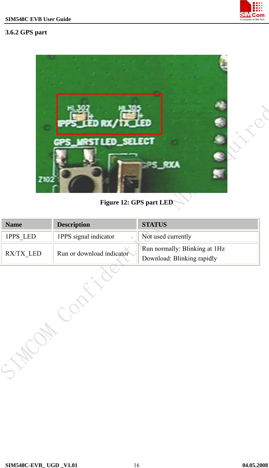 SIM548C EVB User Guide                                                             SIM548C-EVB_ UGD _V1.01   04.05.2008   163.6.2 GPS part                Figure 12: GPS part LED  Name  Description  STATUS 1PPS_LED  1PPS signal indicator   Not used currently RX/TX_LED  Run or download indicator  Run normally: Blinking at 1Hz Download: Blinking rapidly  