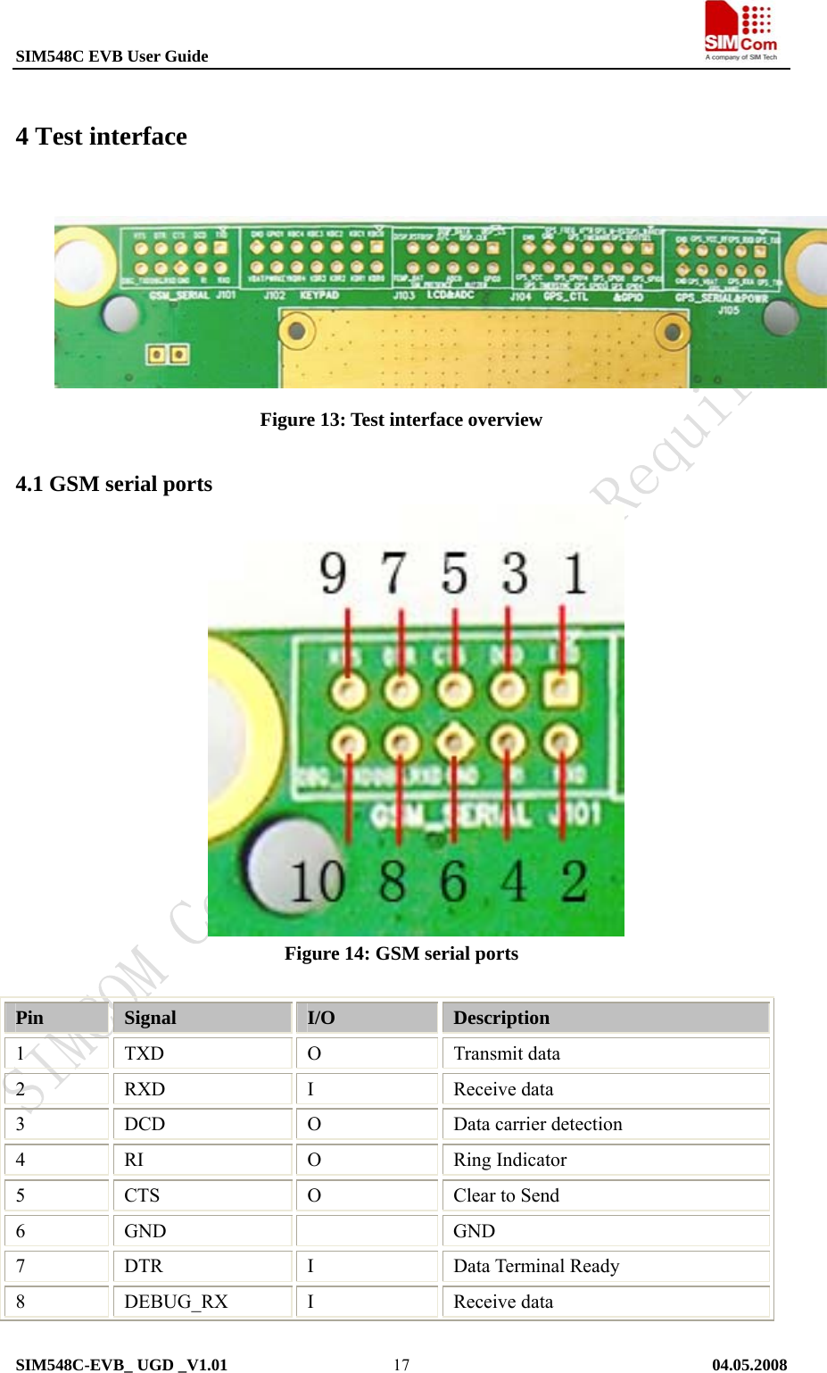 SIM548C EVB User Guide                                                             SIM548C-EVB_ UGD _V1.01   04.05.2008   174 Test interface        Figure 13: Test interface overview 4.1 GSM serial ports                 Figure 14: GSM serial ports  Pin  Signal  I/O  Description 1 TXD  O Transmit data 2 RXD  I Receive data 3 DCD  O Data carrier detection 4 RI  O Ring Indicator 5 CTS  O Clear to Send 6 GND    GND 7 DTR  I Data Terminal Ready 8 DEBUG_RX I  Receive data 