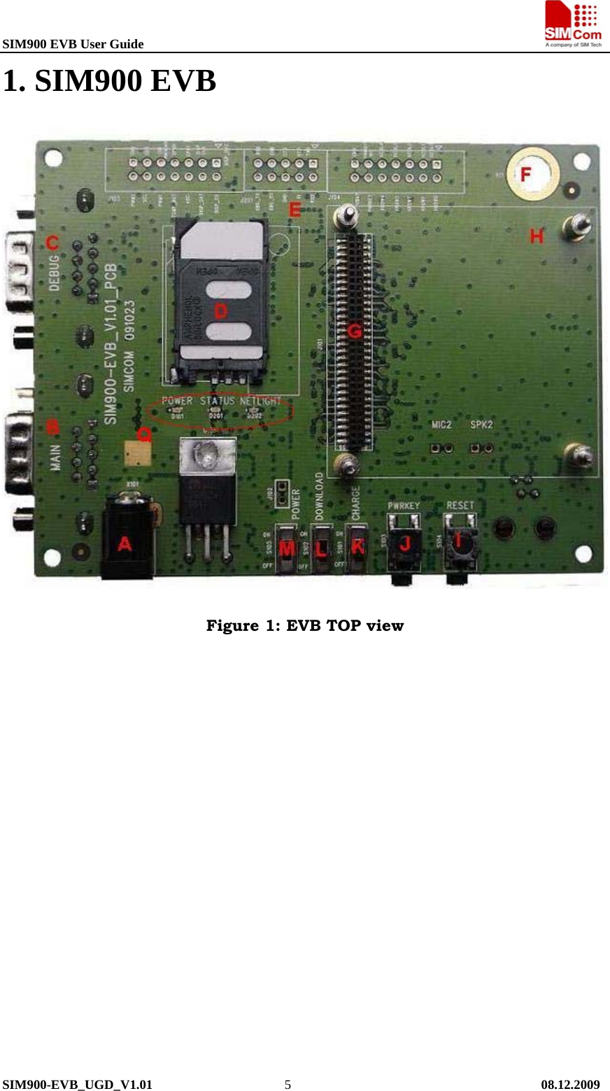 SIM900 EVB User Guide                                                                       SIM900-EVB_UGD_V1.01                    5                                      08.12.2009 1. SIM900 EVB  Figure 1: EVB TOP view 