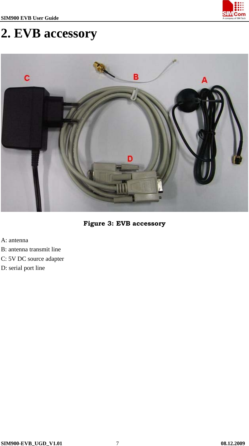 SIM900 EVB User Guide                                                                       SIM900-EVB_UGD_V1.01                    7                                      08.12.2009 2. EVB accessory  Figure 3: EVB accessory A: antenna B: antenna transmit line C: 5V DC source adapter D: serial port line   