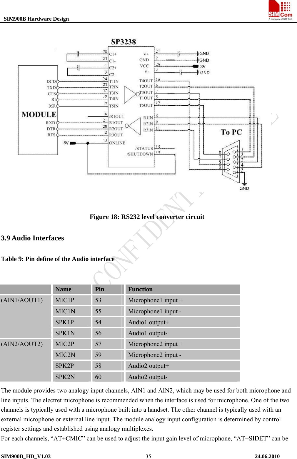  SIM900B Hardware Design                                                                             Figure 18: RS232 level converter circuit 3.9 Audio Interfaces Table 9: Pin define of the Audio interface    Name  Pin  Function MIC1P  53  Microphone1 input + MIC1N  55  Microphone1 input - SPK1P  54  Audio1 output+ (AIN1/AOUT1)  SPK1N  56  Audio1 output- MIC2P  57  Microphone2 input + MIC2N  59  Microphone2 input - SPK2P  58  Audio2 output+ (AIN2/AOUT2) SPK2N  60  Audio2 output-           The module provides two analogy input channels, AIN1 and AIN2, which may be used for both microphone and line inputs. The electret microphone is recommended when the interface is used for microphone. One of the two channels is typically used with a microphone built into a handset. The other channel is typically used with an external microphone or external line input. The module analogy input configuration is determined by control register settings and established using analogy multiplexes. For each channels, “AT+CMIC” can be used to adjust the input gain level of microphone, “AT+SIDET” can be SIM900B_HD_V1.03                                                                          24.06.2010  35