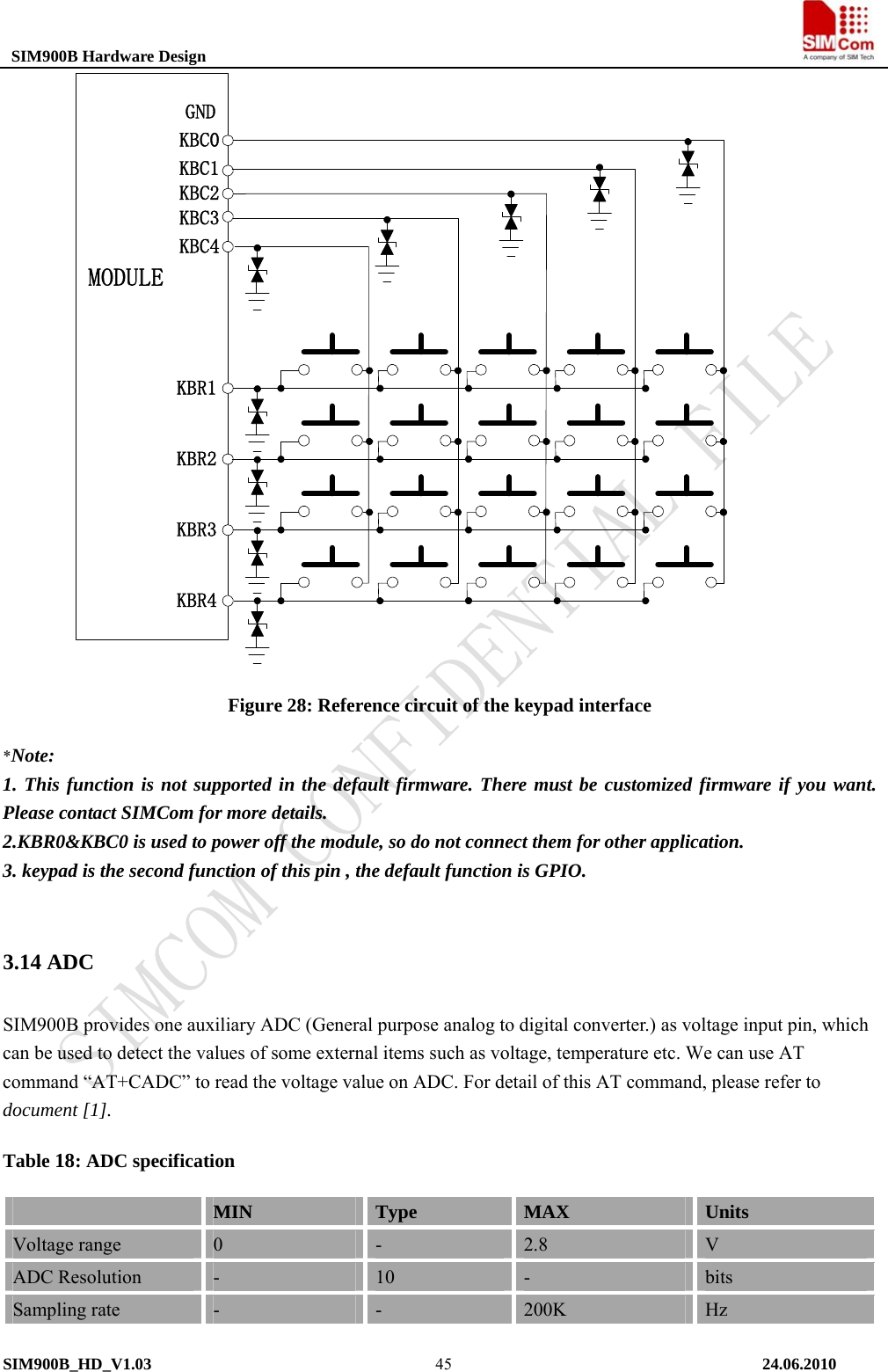  SIM900B Hardware Design                                                                          KBR4KBR3KBR2KBR1KBC0KBC1KBC2KBC3KBC4GNDMODULE Figure 28: Reference circuit of the keypad interface *Note: 1. This function is not supported in the default firmware. There must be customized firmware if you want. Please contact SIMCom for more details. 2.KBR0&amp;KBC0 is used to power off the module, so do not connect them for other application. 3. keypad is the second function of this pin , the default function is GPIO.  3.14 ADC SIM900B provides one auxiliary ADC (General purpose analog to digital converter.) as voltage input pin, which can be used to detect the values of some external items such as voltage, temperature etc. We can use AT command “AT+CADC” to read the voltage value on ADC. For detail of this AT command, please refer to document [1]. Table 18: ADC specification  MIN  Type  MAX  Units Voltage range  0  -  2.8  V ADC Resolution  -  10  -  bits Sampling rate  -  -  200K  Hz SIM900B_HD_V1.03                                                                          24.06.2010  45
