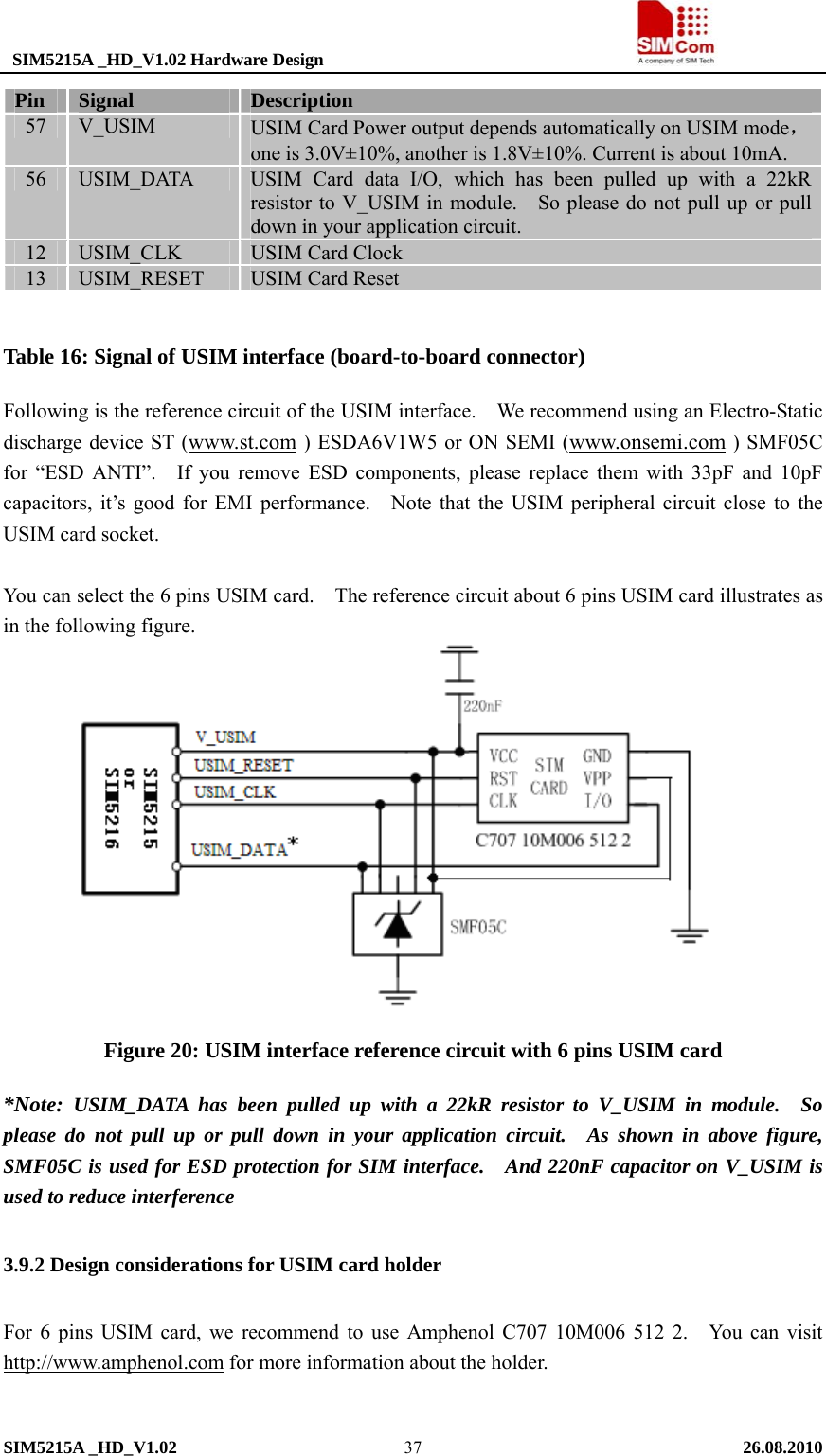  SIM5215A _HD_V1.02 Hardware Design                                     SIM5215A _HD_V1.02   26.08.2010   37Table 16: Signal of USIM interface (board-to-board connector) Following is the reference circuit of the USIM interface.    We recommend using an Electro-Static discharge device ST (www.st.com ) ESDA6V1W5 or ON SEMI (www.onsemi.com ) SMF05C for “ESD ANTI”.   If you remove ESD components, please replace them with 33pF and 10pF capacitors, it’s good for EMI performance.    Note that the USIM peripheral circuit close to the USIM card socket.  You can select the 6 pins USIM card.    The reference circuit about 6 pins USIM card illustrates as in the following figure.  Figure 20: USIM interface reference circuit with 6 pins USIM card *Note:  USIM_DATA has been pulled up with a 22kR resistor to V_USIM in module.  So please do not pull up or pull down in your application circuit.  As shown in above figure, SMF05C is used for ESD protection for SIM interface.    And 220nF capacitor on V_USIM is used to reduce interference 3.9.2 Design considerations for USIM card holder   For 6 pins USIM card, we recommend to use Amphenol C707 10M006 512 2.   You can visit http://www.amphenol.com for more information about the holder.  Pin  Signal  Description 57  V_USIM  USIM Card Power output depends automatically on USIM mode，one is 3.0V±10%, another is 1.8V±10%. Current is about 10mA. 56  USIM_DATA  USIM Card data I/O, which has been pulled up with a 22kR resistor to V_USIM in module.    So please do not pull up or pull down in your application circuit. 12  USIM_CLK  USIM Card Clock 13  USIM_RESET  USIM Card Reset 