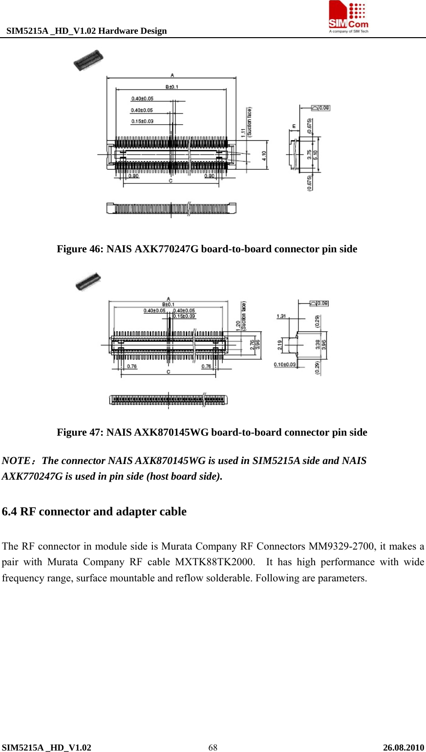  SIM5215A _HD_V1.02 Hardware Design                                     SIM5215A _HD_V1.02   26.08.2010   68 Figure 46: NAIS AXK770247G board-to-board connector pin side                 Figure 47: NAIS AXK870145WG board-to-board connector pin side NOTE：The connector NAIS AXK870145WG is used in SIM5215A side and NAIS AXK770247G is used in pin side (host board side). 6.4 RF connector and adapter cable The RF connector in module side is Murata Company RF Connectors MM9329-2700, it makes a pair with Murata Company RF cable MXTK88TK2000.  It has high performance with wide frequency range, surface mountable and reflow solderable. Following are parameters.   