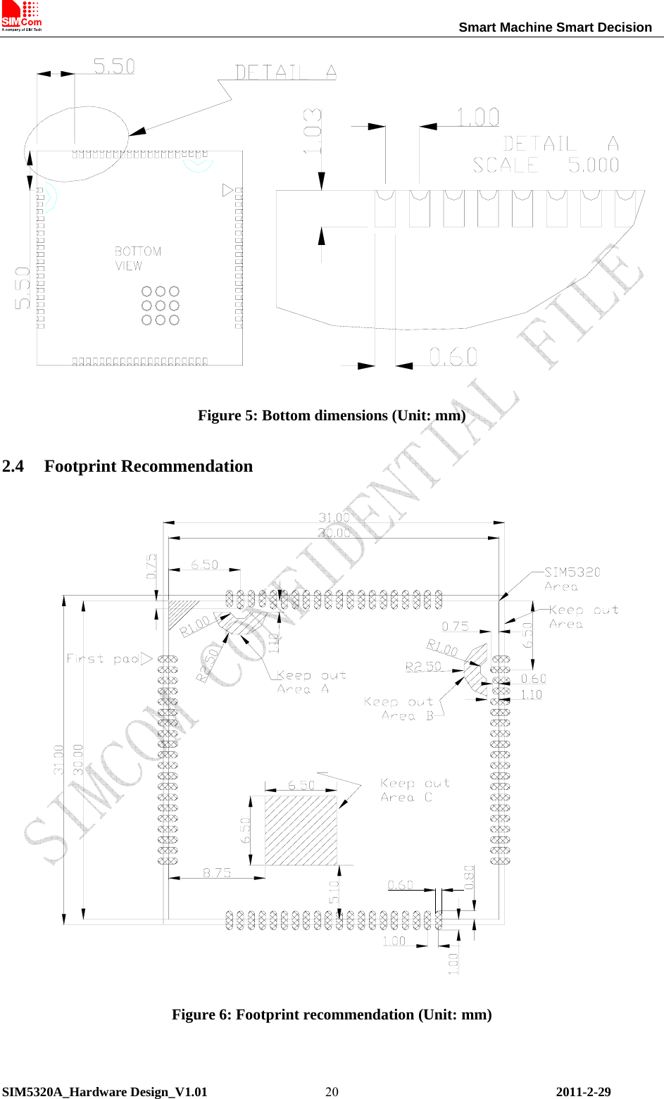                                                                Smart Machine Smart Decision SIM5320A_Hardware Design_V1.01   2011-2-29 20 Figure 5: Bottom dimensions (Unit: mm) 2.4 Footprint Recommendation    Figure 6: Footprint recommendation (Unit: mm) 