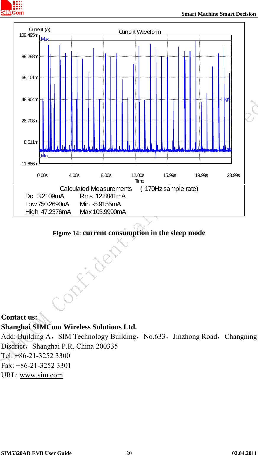                                                          Smart Machine Smart Decision SIM5320AD EVB User Guide   02.04.2011   20 Figure 14: current consumption in the sleep mode        Contact us: Shanghai SIMCom Wireless Solutions Ltd. Add: Building A，SIM Technology Building，No.633，Jinzhong Road，Changning Disdrict，Shanghai P.R. China 200335 Tel: +86-21-3252 3300 Fax: +86-21-3252 3301 URL: www.sim.com Current WaveformTime    0.00s     4.00s     8.00s    12.00s    15.99s    19.99s    23.99sCurrent (A) -11.686m    8.511m   28.708m   48.904m   69.101m   89.298m  109.495m HighLowMaxMinCalculated Measurements      (  170Hz sample rate)Dc   3.2109mA Rms  12.8841mALow 750.2690uA Min  -5.9155mAHigh  47.2376mA Max 103.9990mA