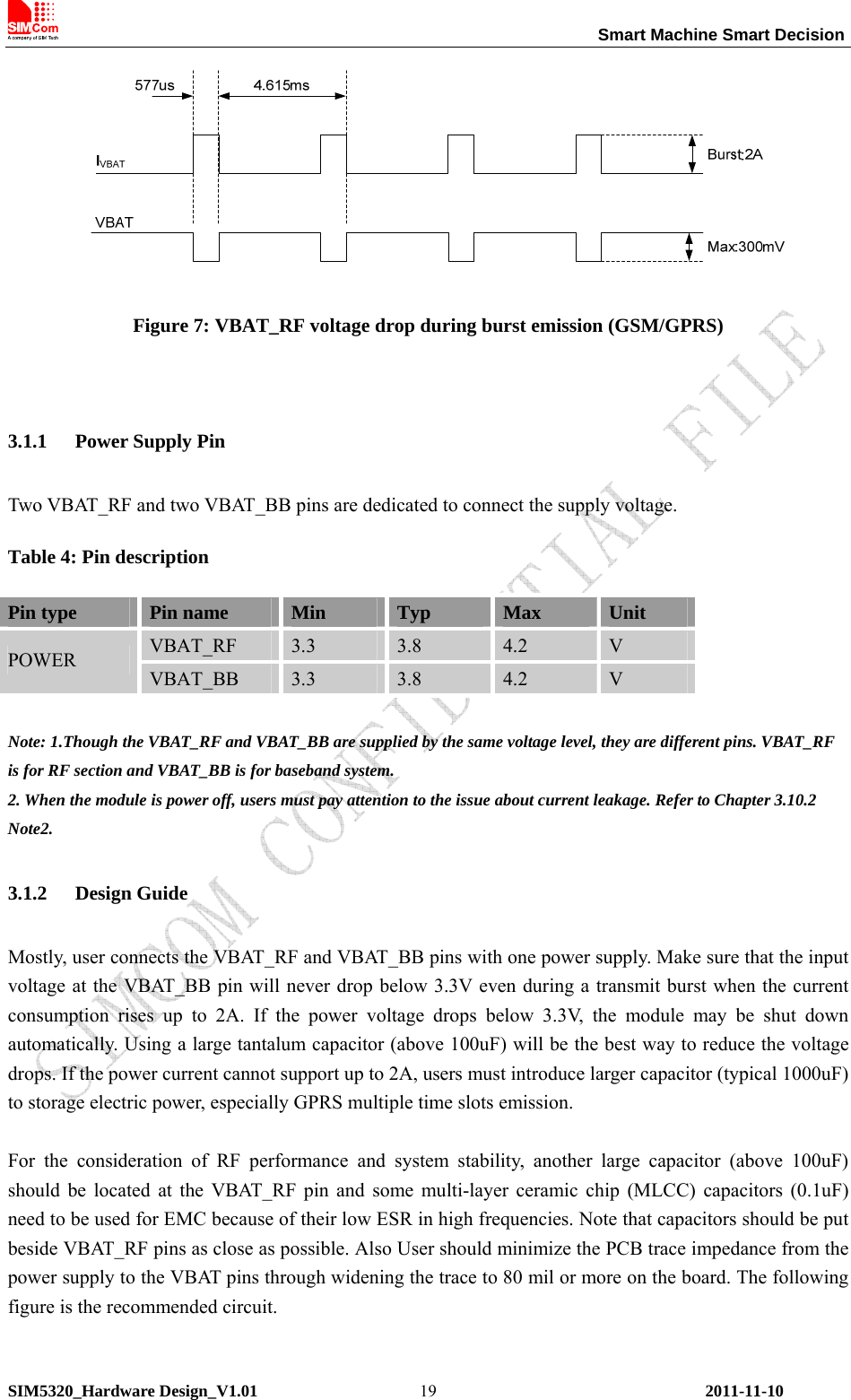                                                                 Smart Machine Smart Decision SIM5320_Hardware Design_V1.01    2011-11-10 19 Figure 7: VBAT_RF voltage drop during burst emission (GSM/GPRS)  3.1.1 Power Supply Pin Two VBAT_RF and two VBAT_BB pins are dedicated to connect the supply voltage. Table 4: Pin description Pin type  Pin name  Min  Typ  Max  Unit VBAT_RF  3.3  3.8  4.2  V POWER VBAT_BB  3.3  3.8  4.2  V  Note: 1.Though the VBAT_RF and VBAT_BB are supplied by the same voltage level, they are different pins. VBAT_RF is for RF section and VBAT_BB is for baseband system. 2. When the module is power off, users must pay attention to the issue about current leakage. Refer to Chapter 3.10.2 Note2. 3.1.2 Design Guide Mostly, user connects the VBAT_RF and VBAT_BB pins with one power supply. Make sure that the input voltage at the VBAT_BB pin will never drop below 3.3V even during a transmit burst when the current consumption rises up to 2A. If the power voltage drops below 3.3V, the module may be shut down automatically. Using a large tantalum capacitor (above 100uF) will be the best way to reduce the voltage drops. If the power current cannot support up to 2A, users must introduce larger capacitor (typical 1000uF) to storage electric power, especially GPRS multiple time slots emission.  For the consideration of RF performance and system stability, another large capacitor (above 100uF) should be located at the VBAT_RF pin and some multi-layer ceramic chip (MLCC) capacitors (0.1uF) need to be used for EMC because of their low ESR in high frequencies. Note that capacitors should be put beside VBAT_RF pins as close as possible. Also User should minimize the PCB trace impedance from the power supply to the VBAT pins through widening the trace to 80 mil or more on the board. The following figure is the recommended circuit.  