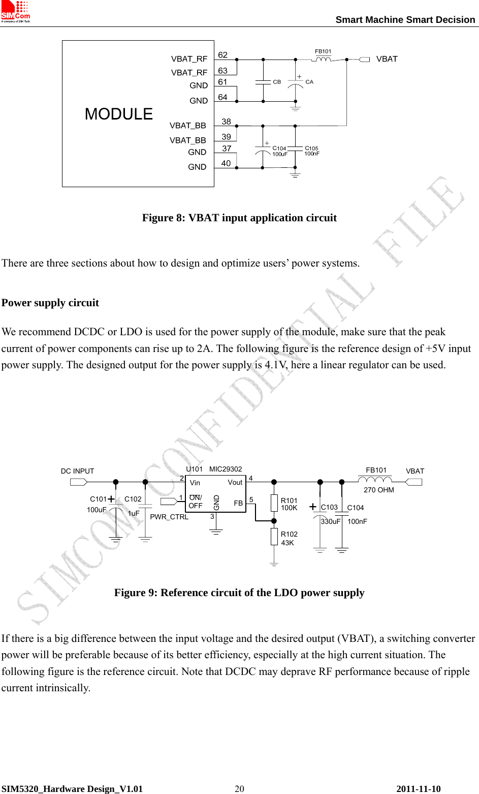                                                                 Smart Machine Smart Decision SIM5320_Hardware Design_V1.01    2011-11-10 20 Figure 8: VBAT input application circuit  There are three sections about how to design and optimize users’ power systems.  Power supply circuit We recommend DCDC or LDO is used for the power supply of the module, make sure that the peak current of power components can rise up to 2A. The following figure is the reference design of +5V input power supply. The designed output for the power supply is 4.1V, here a linear regulator can be used.      Vin VoutON/OFFGNDFB3+PWR_CTRLR102R101FB101 VBAT100K43K270 OHM+C103330uFC104100nFU101 MIC293025412C101 C102100uF 1uFDC INPUT Figure 9: Reference circuit of the LDO power supply  If there is a big difference between the input voltage and the desired output (VBAT), a switching converter power will be preferable because of its better efficiency, especially at the high current situation. The following figure is the reference circuit. Note that DCDC may deprave RF performance because of ripple current intrinsically.  