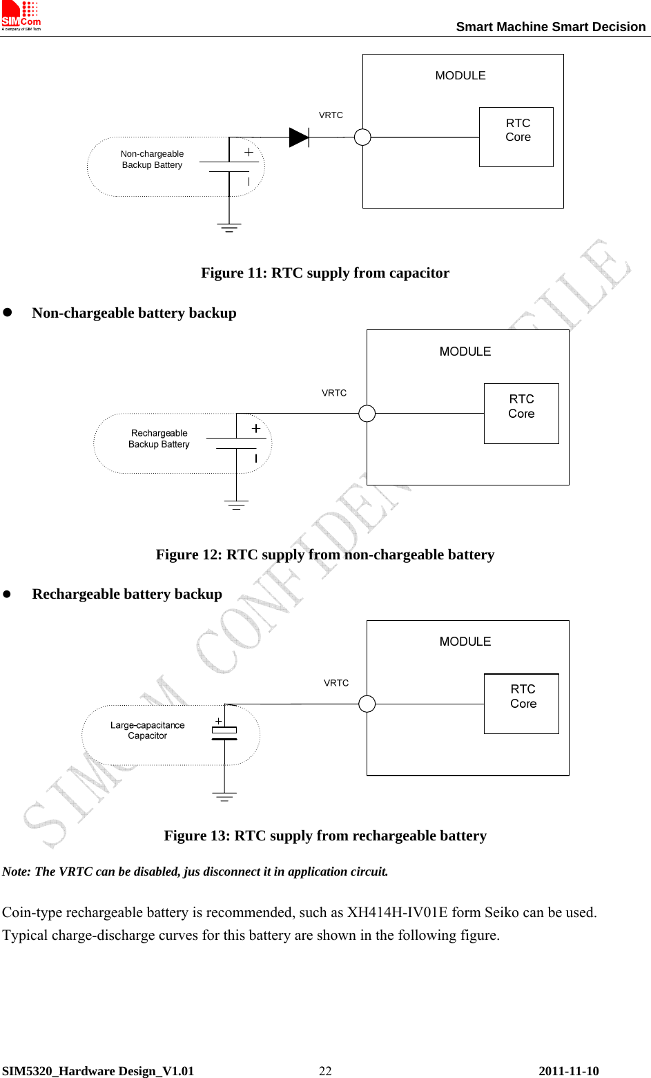                                                                 Smart Machine Smart Decision SIM5320_Hardware Design_V1.01    2011-11-10 22RTCCoreMODULEVRTCNon-chargeableBackup Battery Figure 11: RTC supply from capacitor z Non-chargeable battery backup  Figure 12: RTC supply from non-chargeable battery z Rechargeable battery backup  Figure 13: RTC supply from rechargeable battery Note: The VRTC can be disabled, jus disconnect it in application circuit.  Coin-type rechargeable battery is recommended, such as XH414H-IV01E form Seiko can be used. Typical charge-discharge curves for this battery are shown in the following figure. 